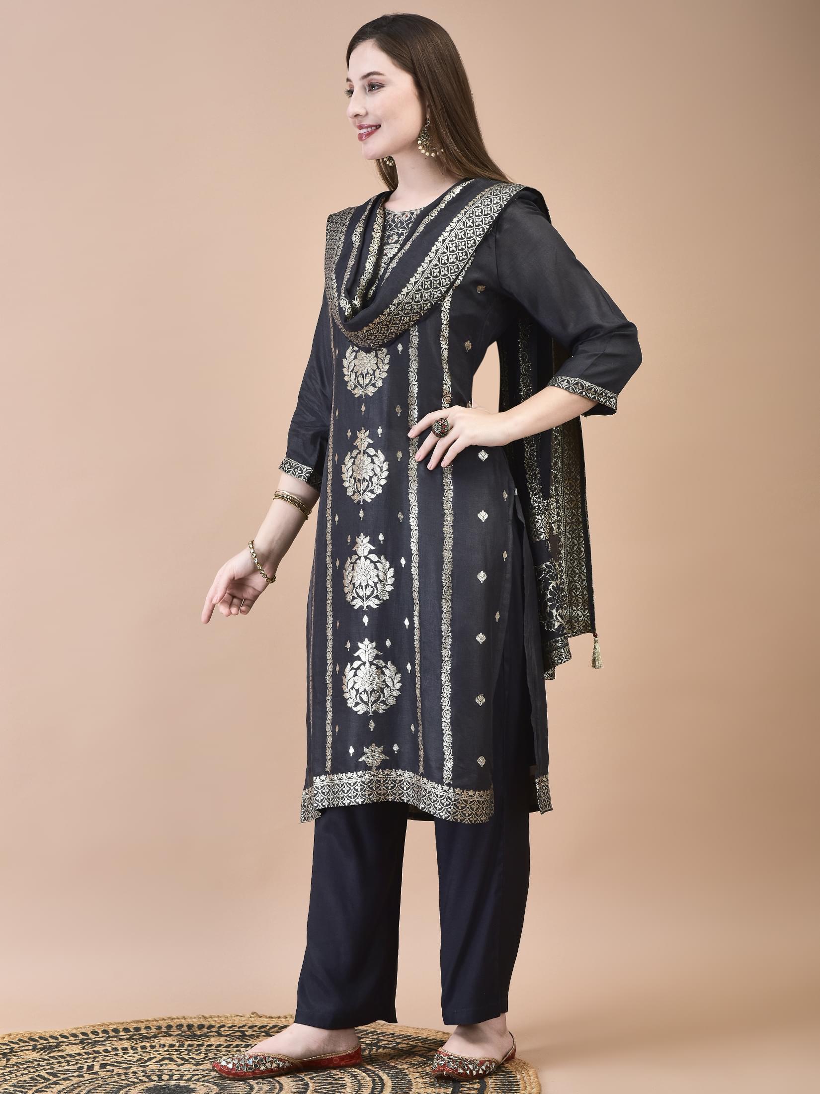 Women Dola Jacquard Grey Woven Kurta Comfort Pant Dupatta.