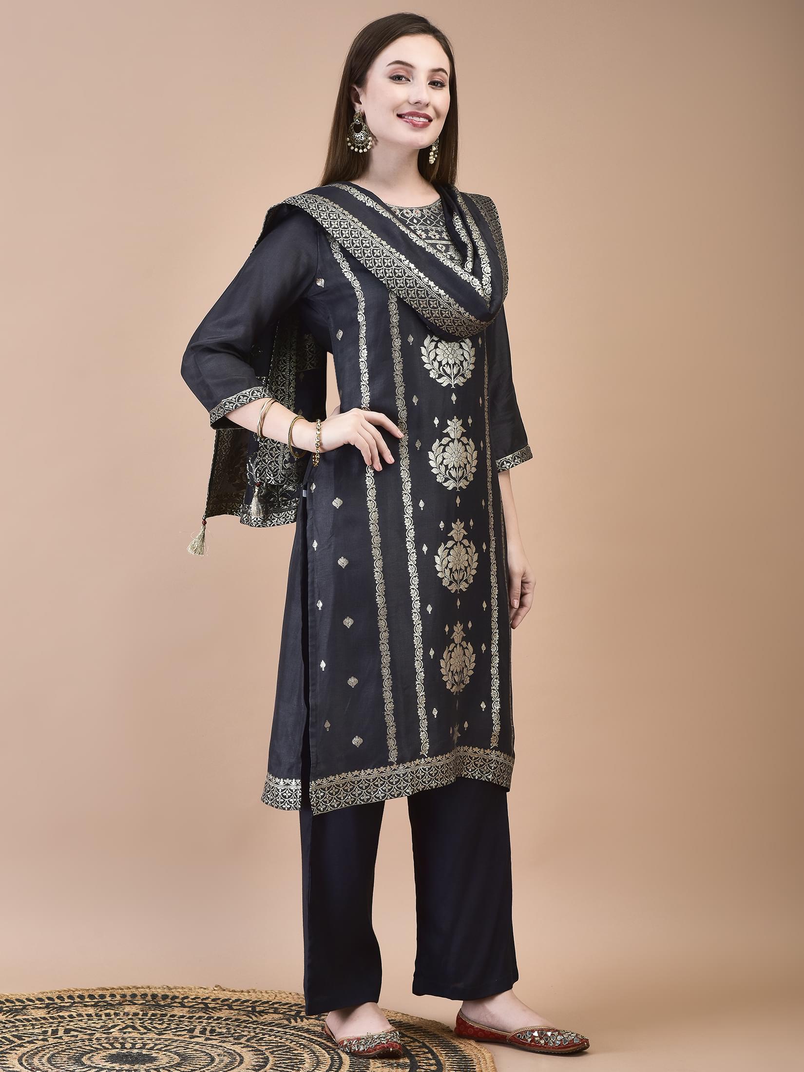 Women Dola Jacquard Grey Woven Kurta Comfort Pant Dupatta.