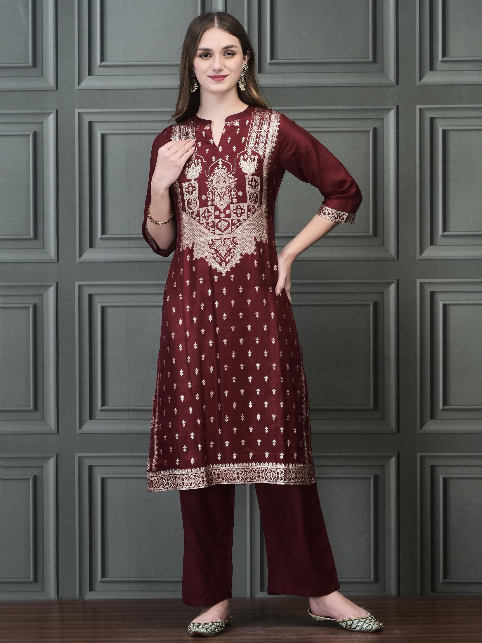 Women Straight Maroon Kurta Comfort Pant Dupatta.