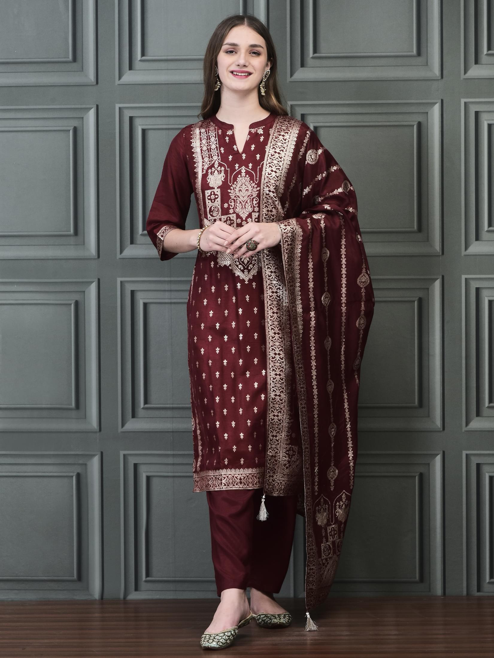 Deep maroon minimalist straight cut everyday comfort trousers suit set with dupatta
