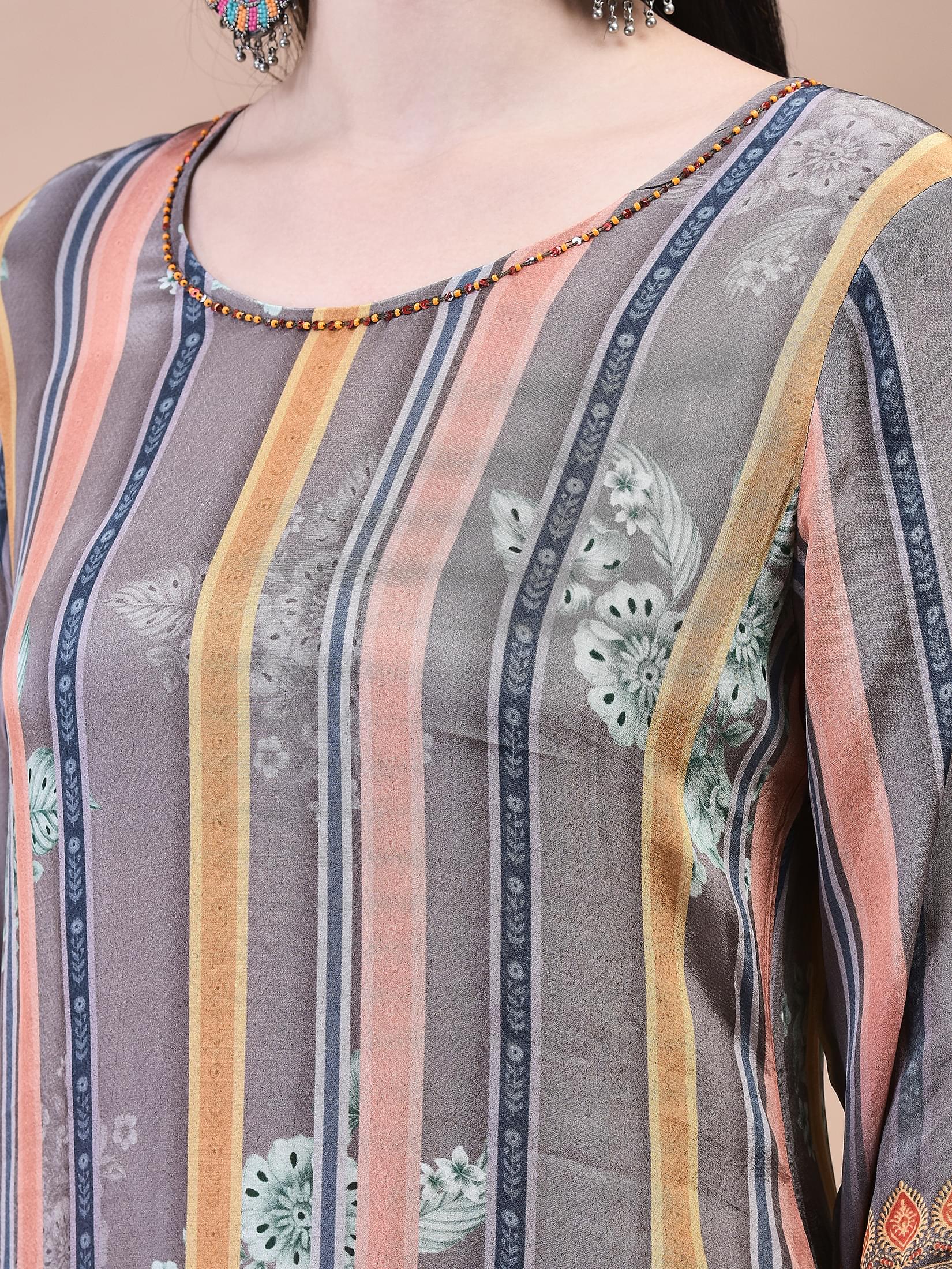 Women Crepe Grey Floral Print Kurta Comfort Pant Dupatta.