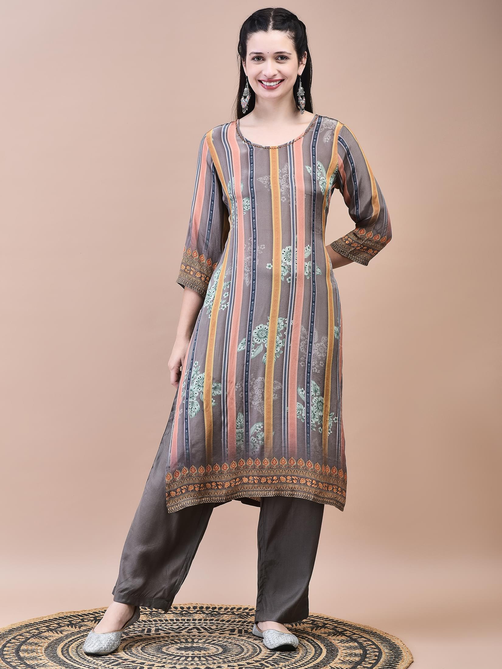 Women Crepe Grey Floral Print Kurta Comfort Pant Dupatta.