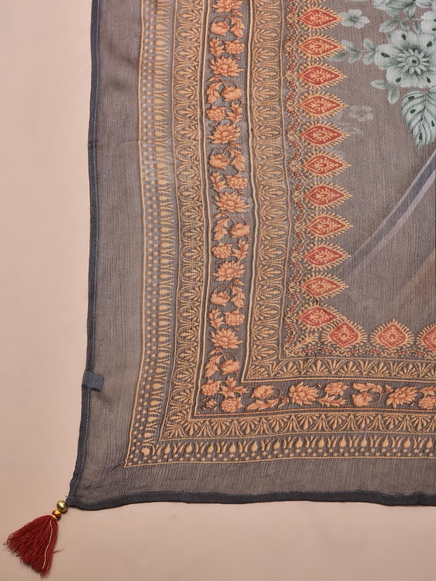 Women Crepe Grey Floral Print Kurta Comfort Pant Dupatta.