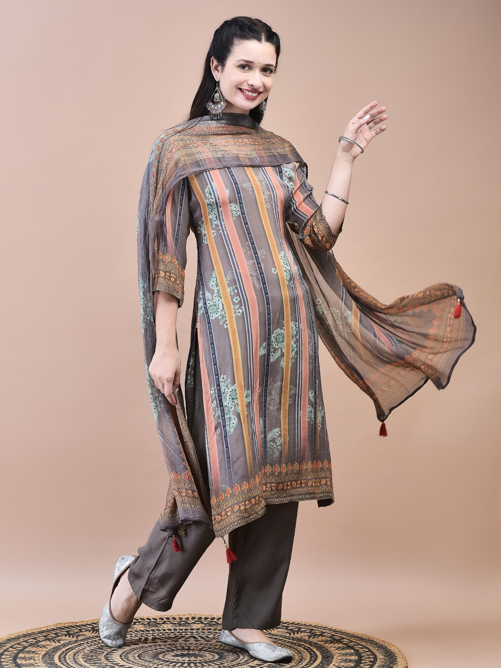 Women Crepe Grey Floral Print Kurta Comfort Pant Dupatta.