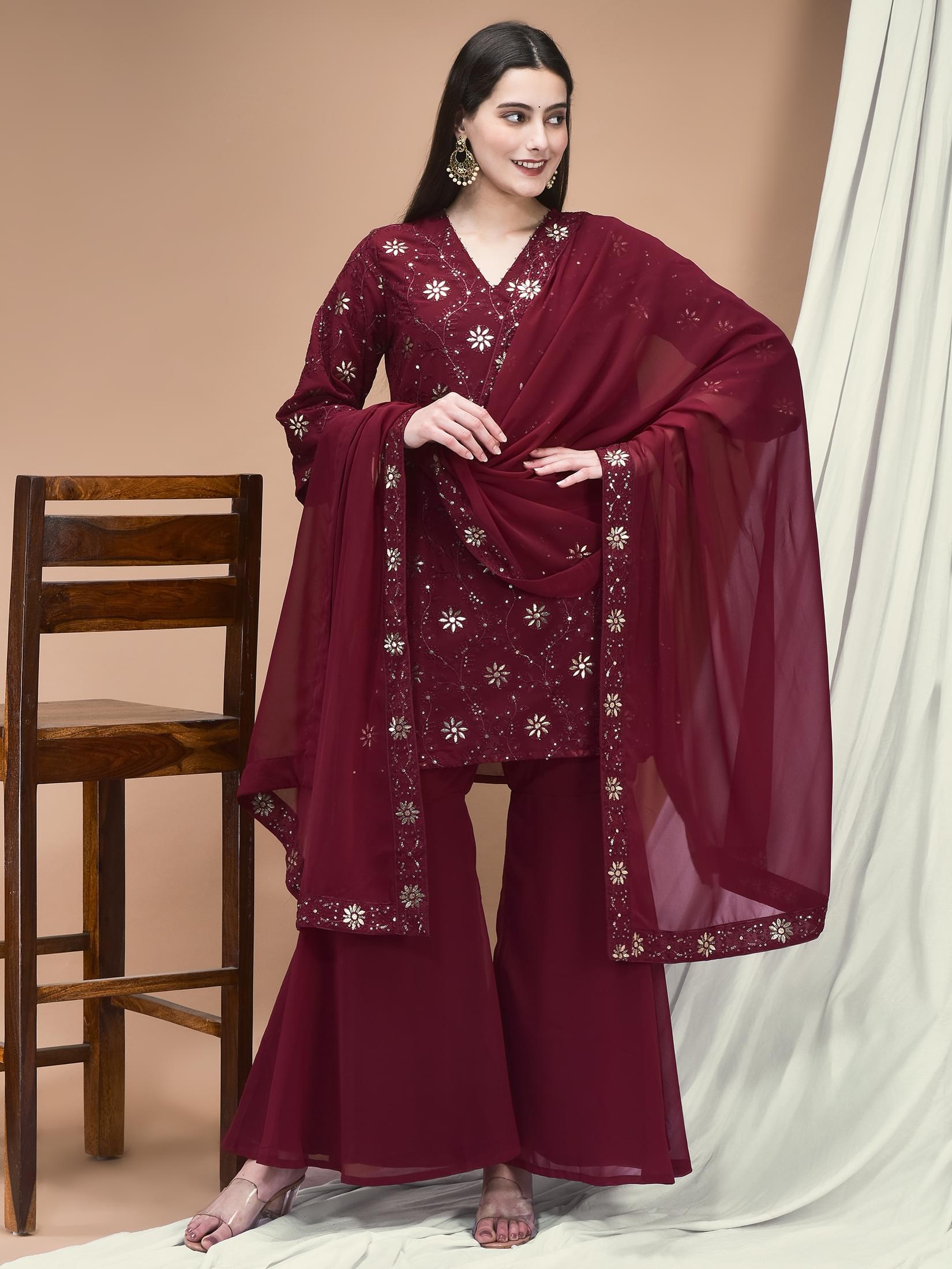 Women Georgette Purple Embroidered Kurta Sharara Dupatta.