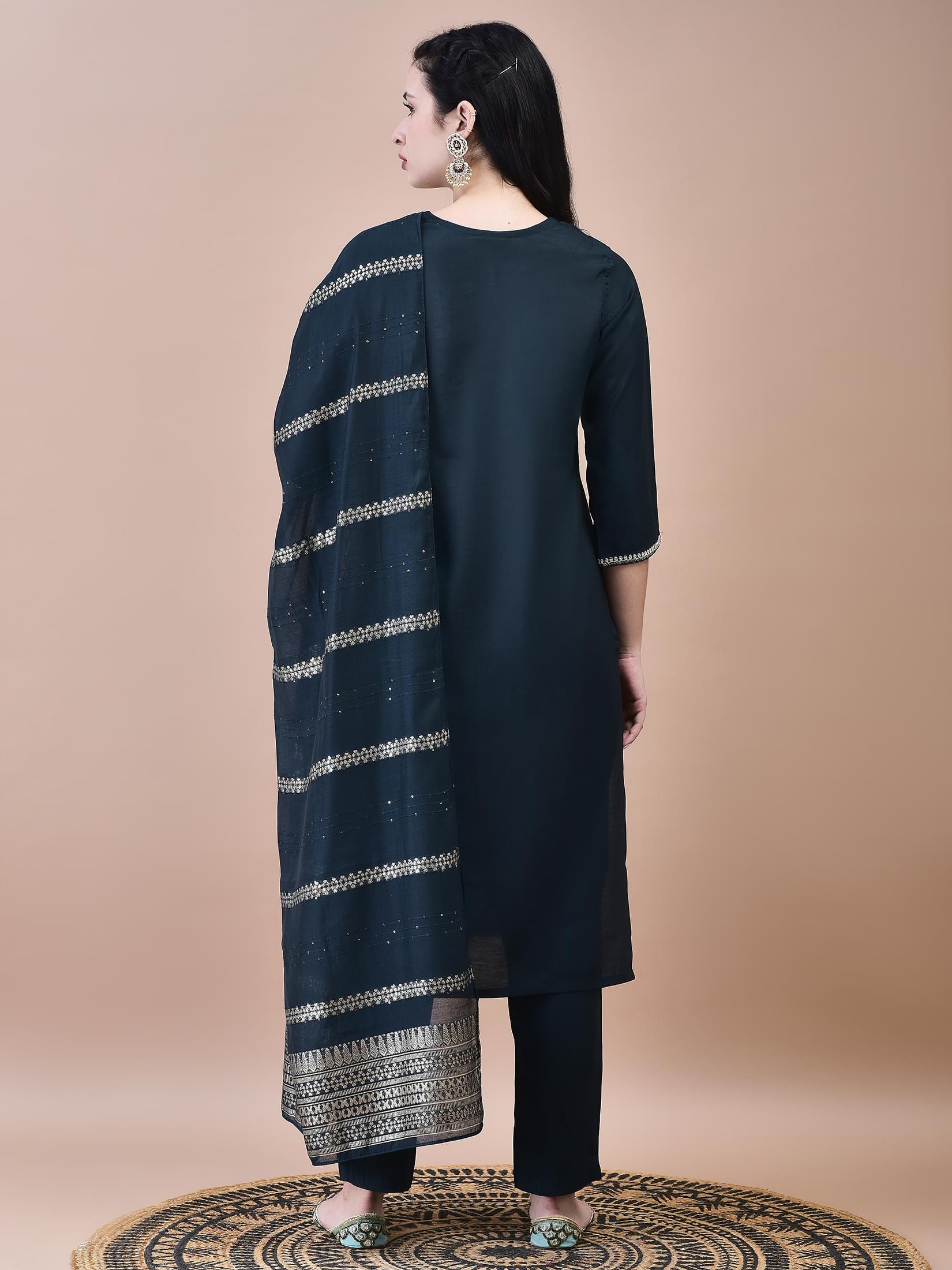 Women Chanderi Dark Green Embroidered Crop top Kurta Trouser Dupatta.