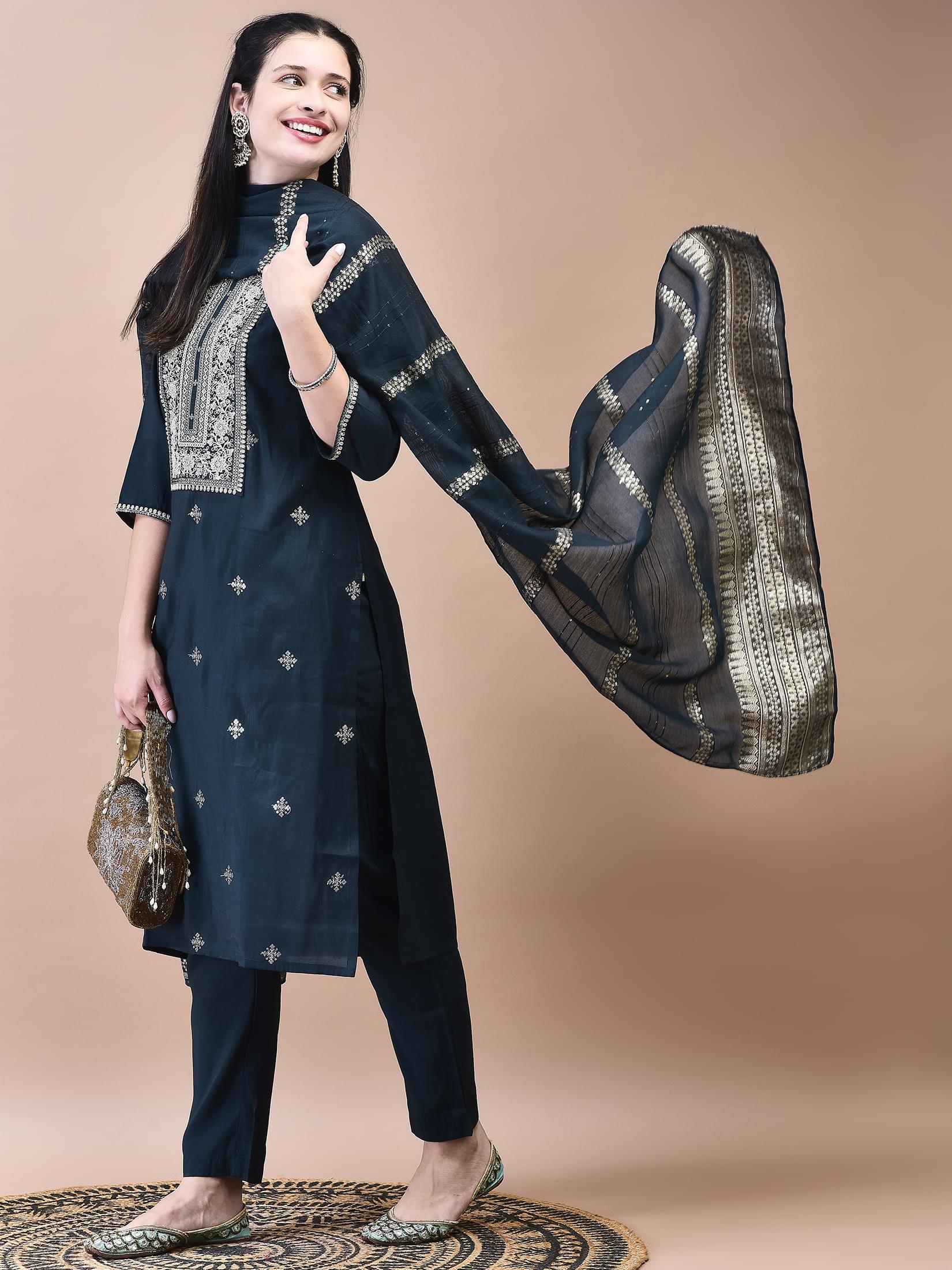Women Chanderi Dark Green Embroidered Crop top Kurta Trouser Dupatta.