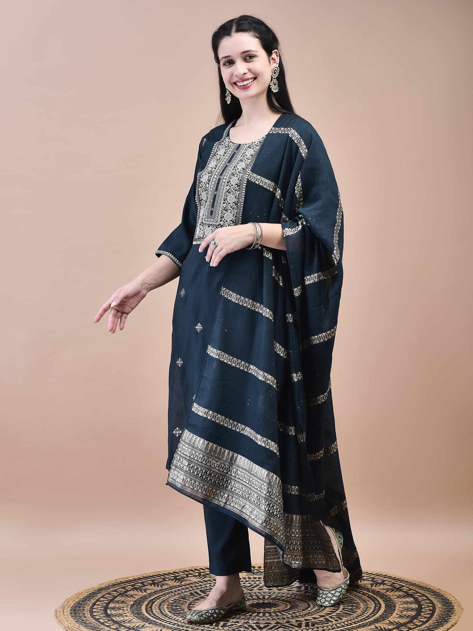 Women Chanderi Dark Green Embroidered Crop top Kurta Trouser Dupatta.