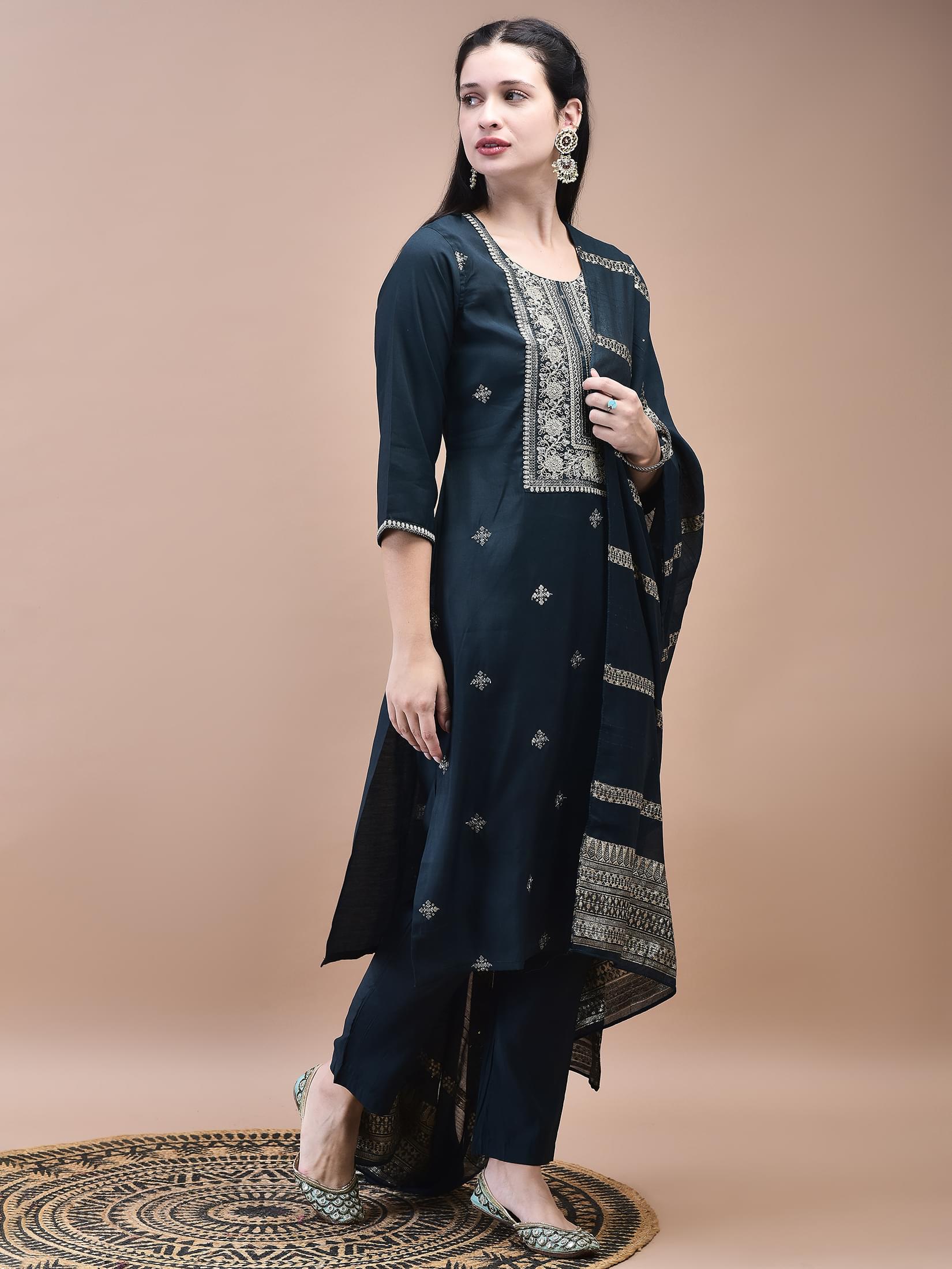 Women Chanderi Dark Green Embroidered Crop top Kurta Trouser Dupatta.