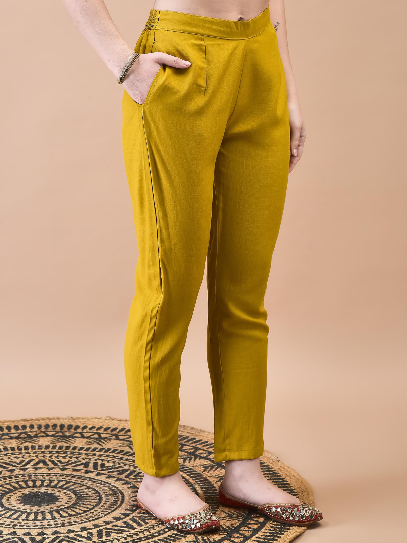 Women Poly Viscose Mustard Embroidered Kurta Trouser Chanderi Dupatta.