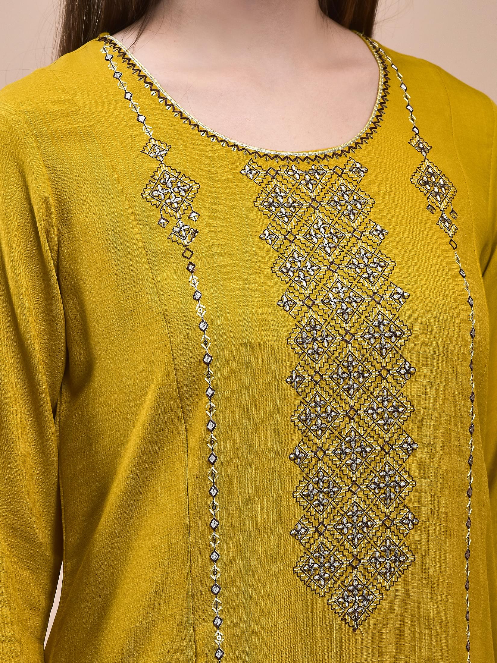 Women Poly Viscose Mustard Embroidered Kurta Trouser Chanderi Dupatta.