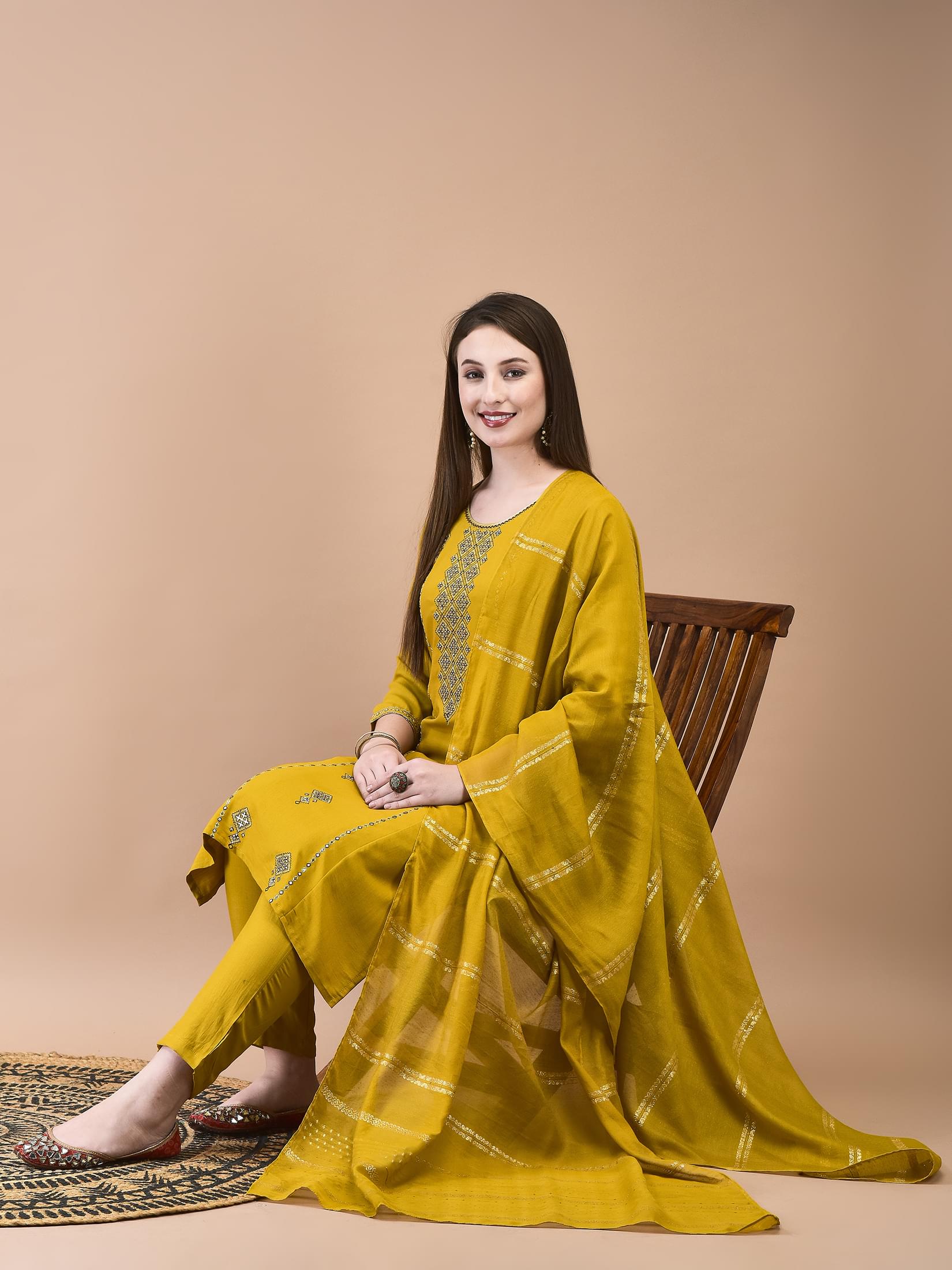Women Poly Viscose Mustard Embroidered Kurta Trouser Chanderi Dupatta.