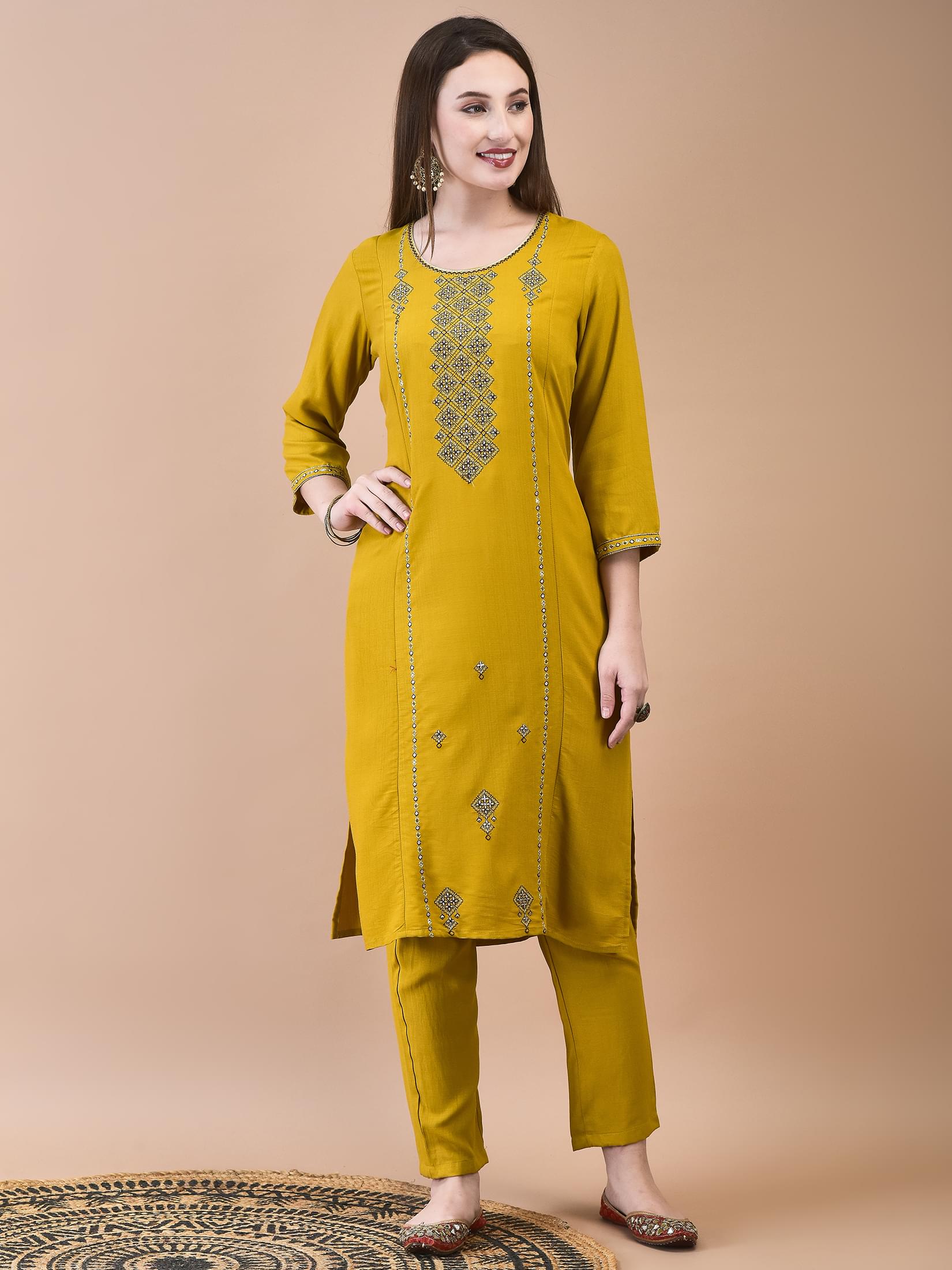 Women Poly Viscose Mustard Embroidered Kurta Trouser Chanderi Dupatta.