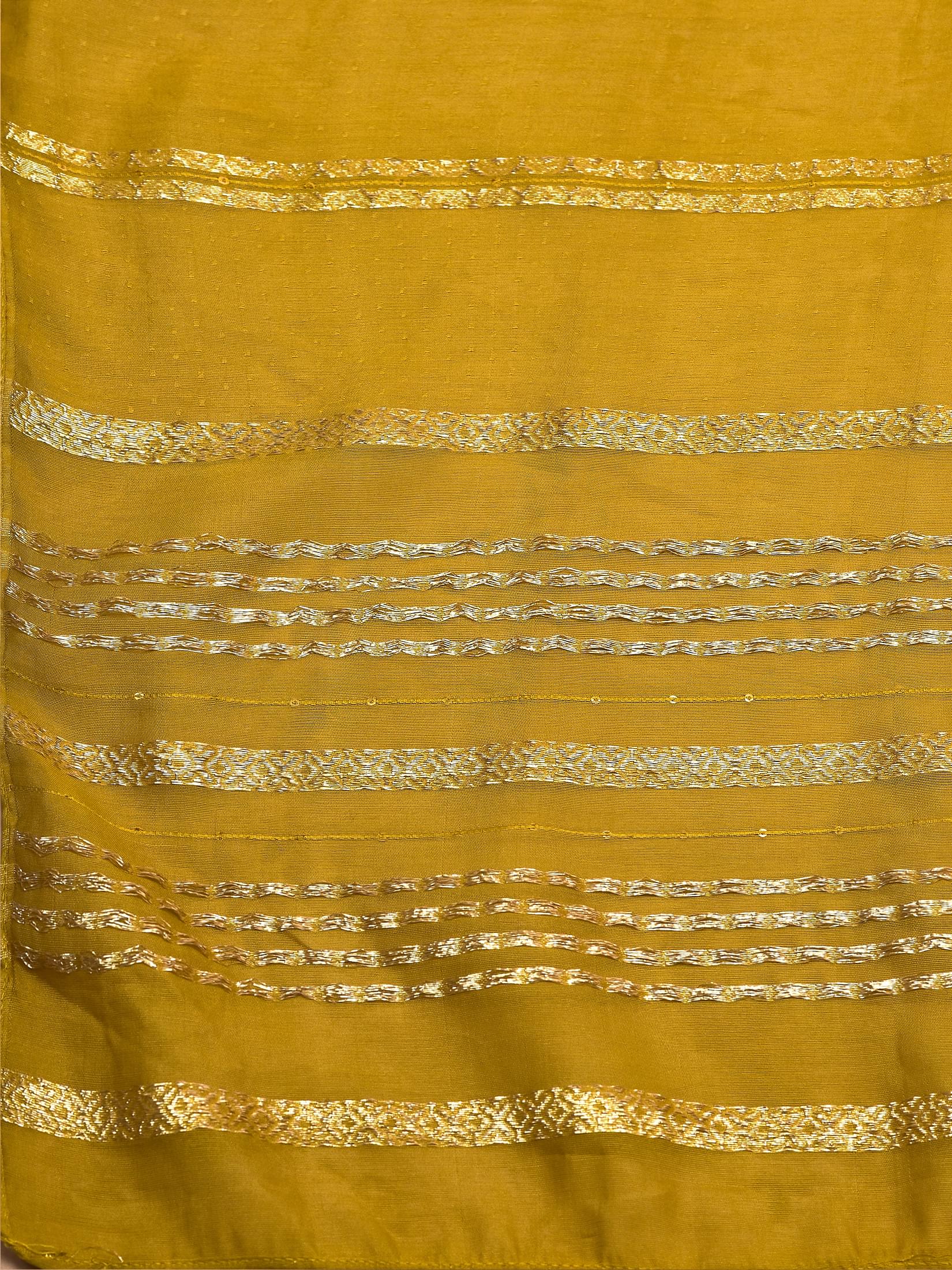 Women Poly Viscose Mustard Embroidered Kurta Trouser Chanderi Dupatta.