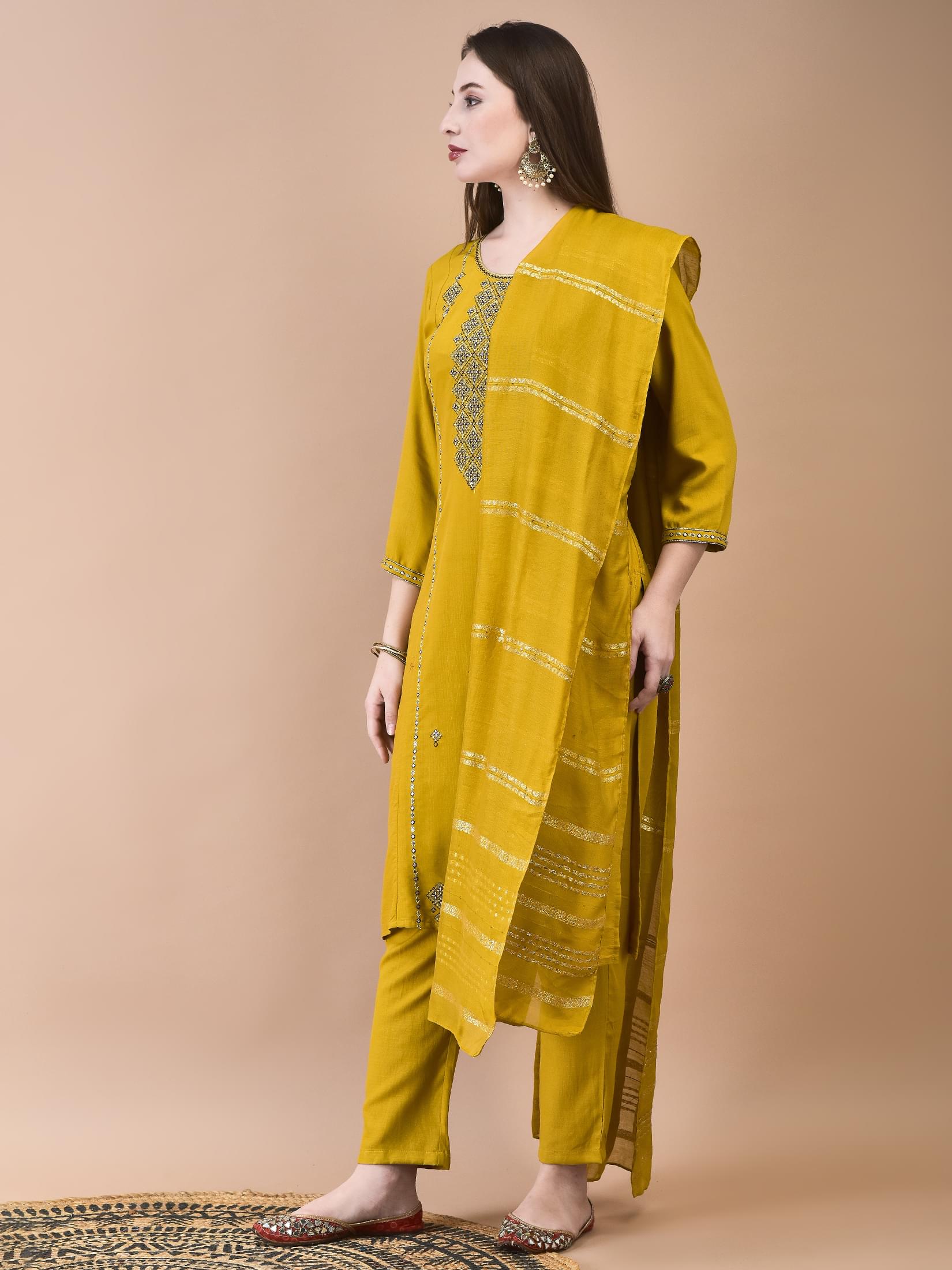 Women Poly Viscose Mustard Embroidered Kurta Trouser Chanderi Dupatta.