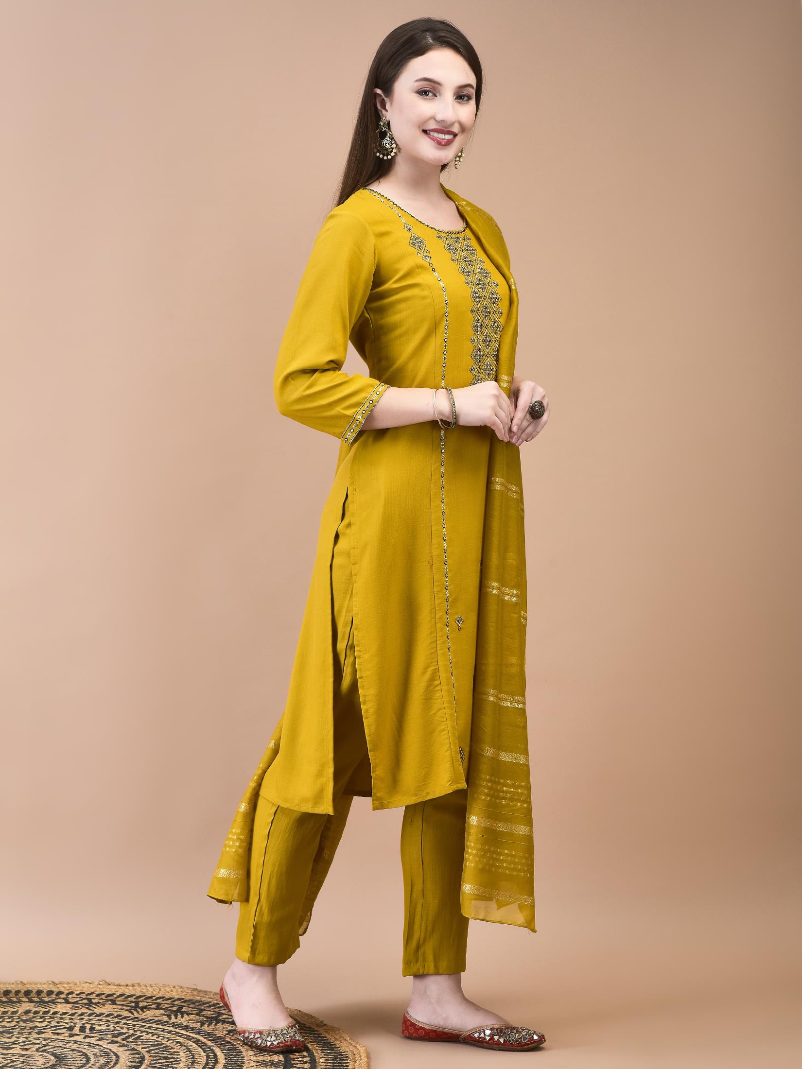 Women Poly Viscose Mustard Embroidered Kurta Trouser Chanderi Dupatta.