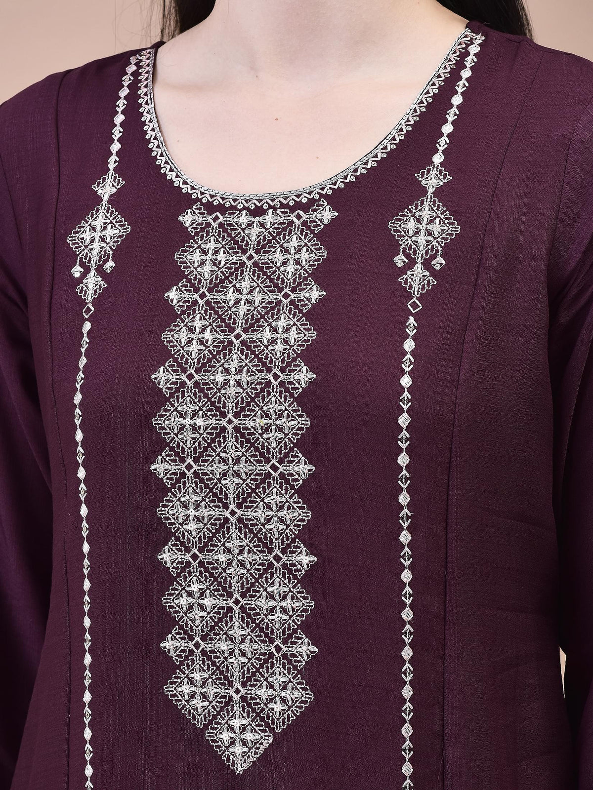 Women Poly Viscose Burgundy Embroidered Kurta Trouser Chanderi Dupatta.