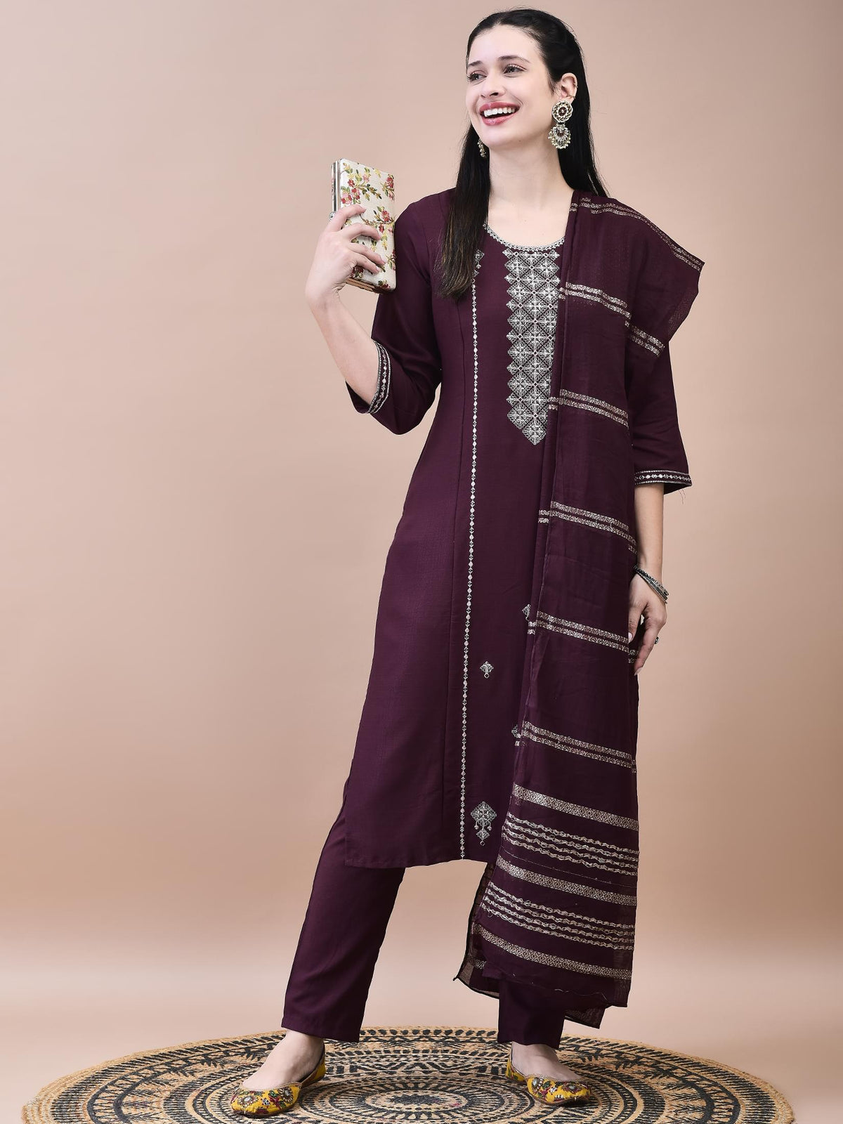 Women Poly Viscose Burgundy Embroidered Kurta Trouser Chanderi Dupatta.