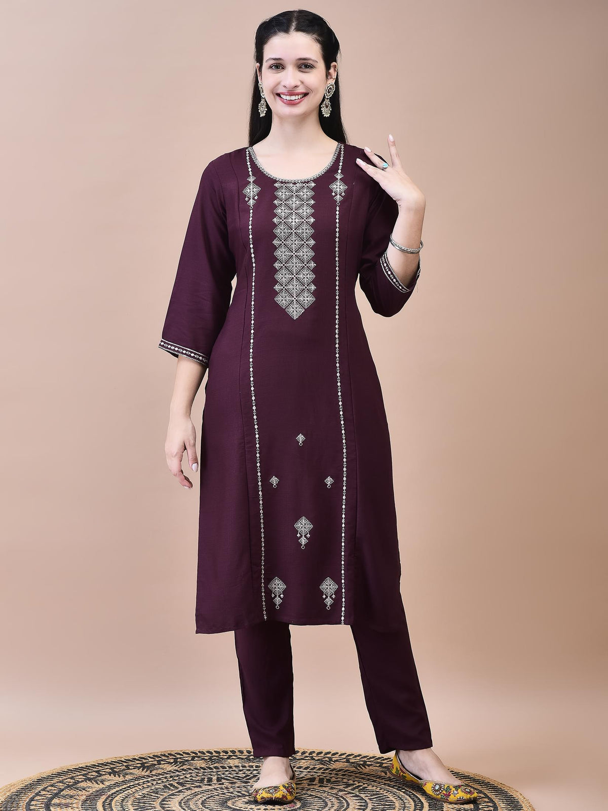 Women Poly Viscose Burgundy Embroidered Kurta Trouser Chanderi Dupatta.