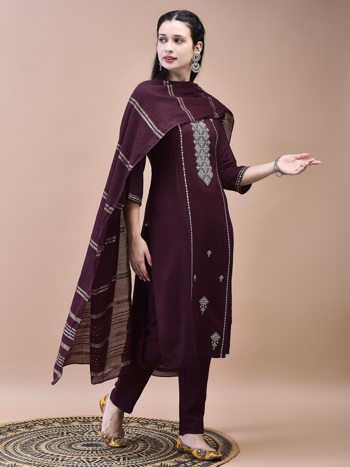 Women Poly Viscose Burgundy Embroidered Kurta Trouser Chanderi Dupatta.
