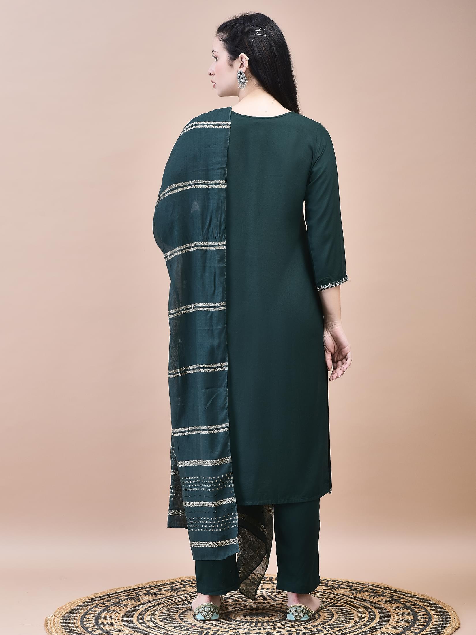 Women Liva Green Embroidered Kurta Trouser with Chanderi Dupatta.