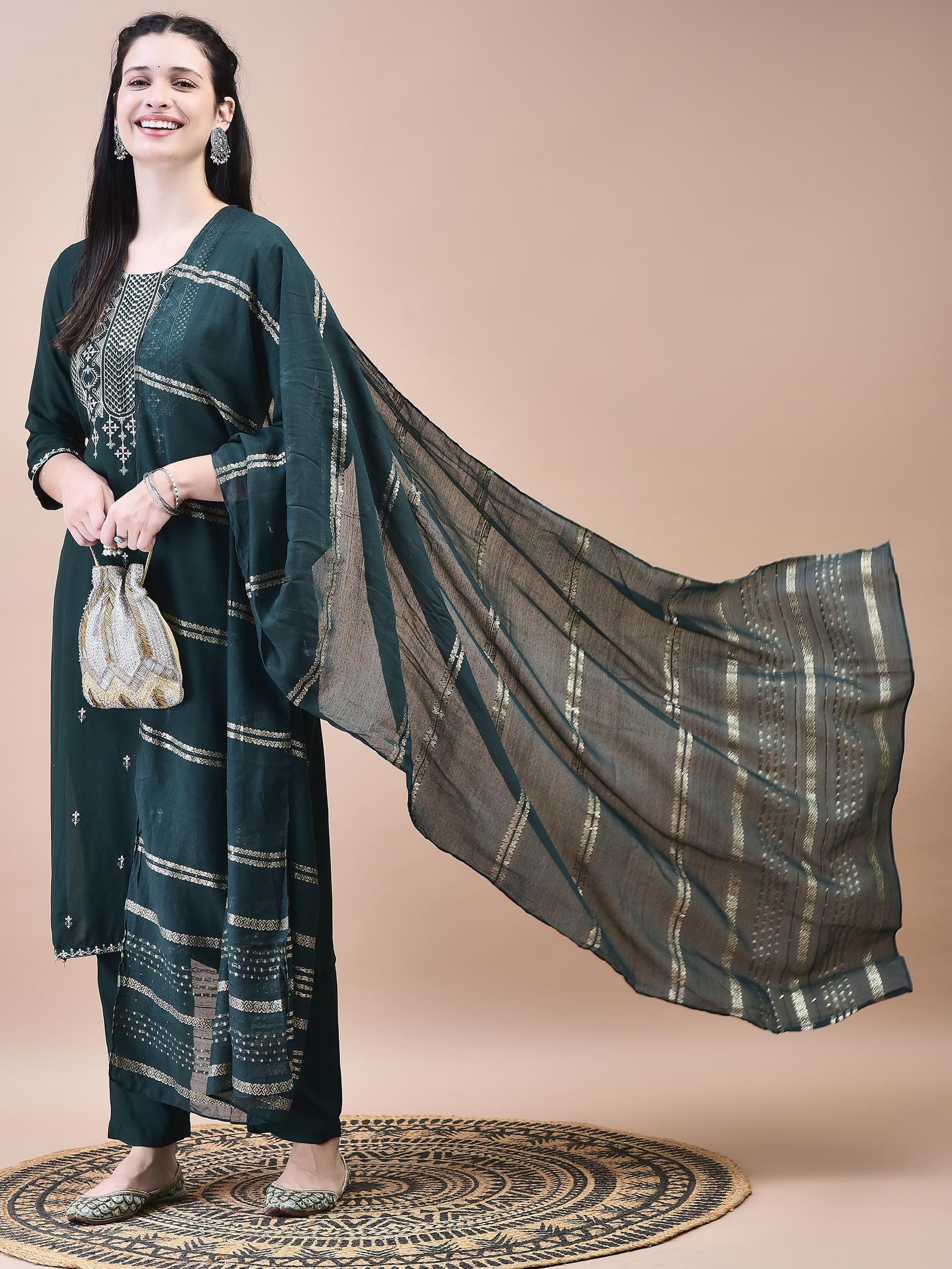 Women Liva Green Embroidered Kurta Trouser with Chanderi Dupatta.