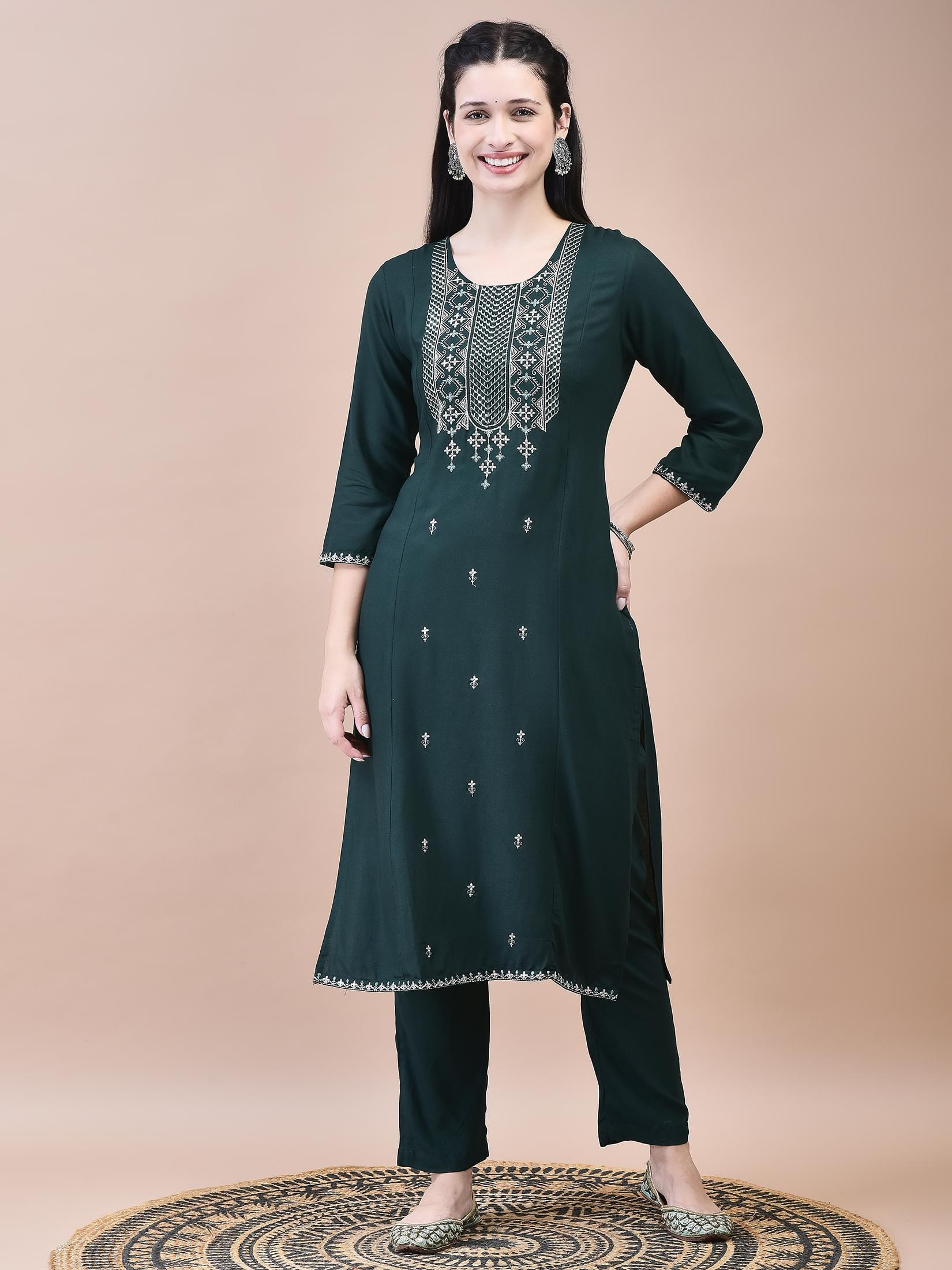 Women Liva Green Embroidered Kurta Trouser with Chanderi Dupatta.