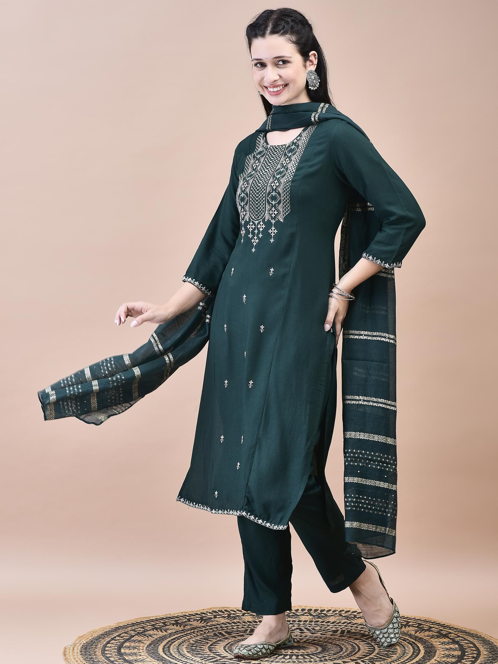 Women Liva Green Embroidered Kurta Trouser with Chanderi Dupatta.