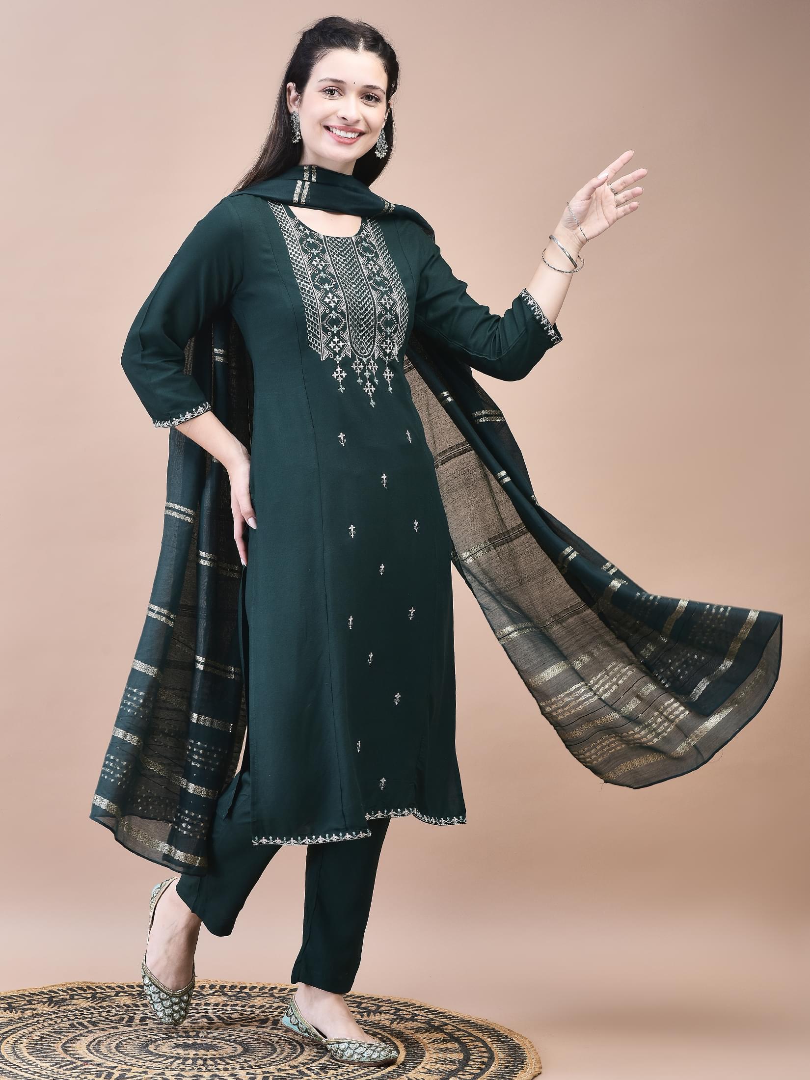 Women Liva Green Embroidered Kurta Trouser with Chanderi Dupatta.