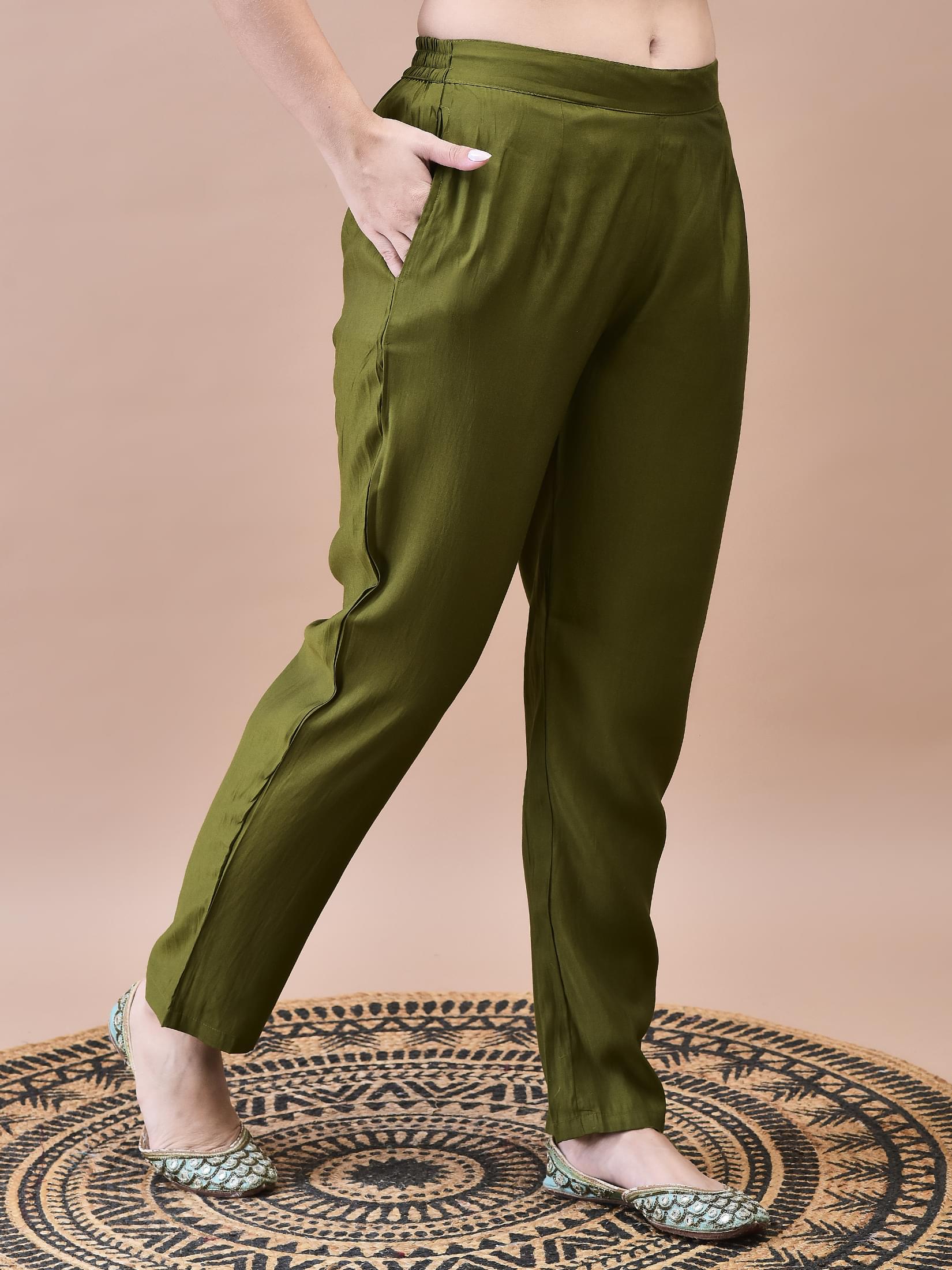 Women Chanderi Olive Embroidered Kurta Trouser Dupatta.