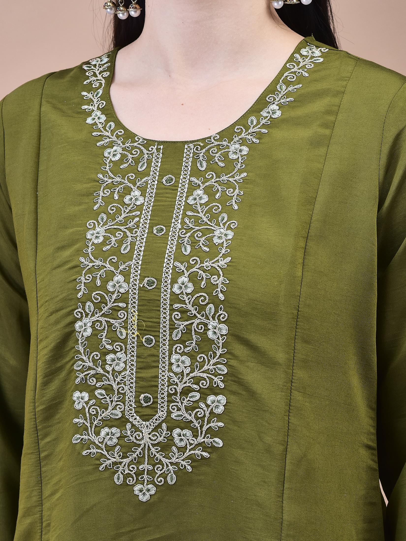 Women Chanderi Olive Embroidered Kurta Trouser Dupatta.