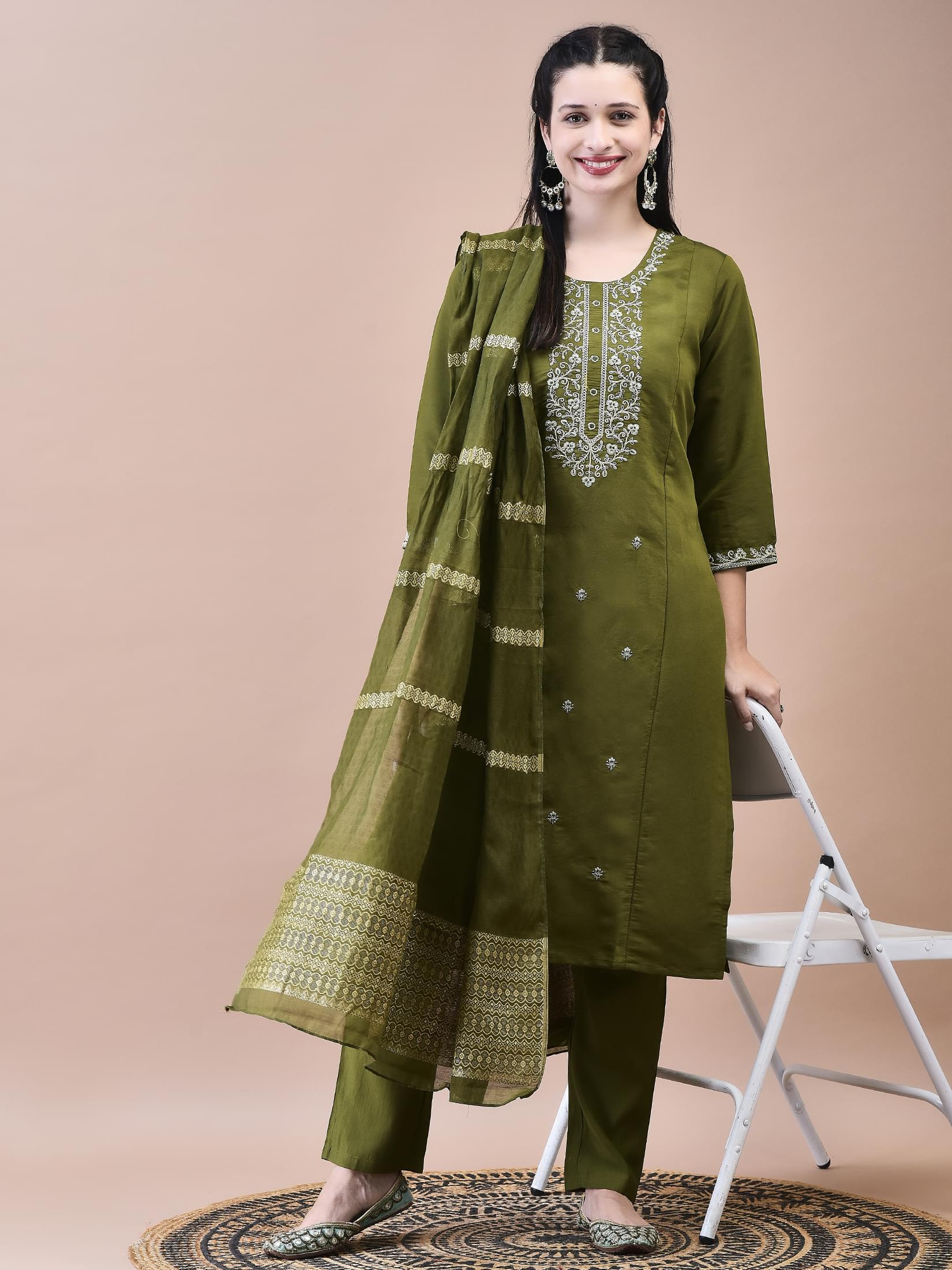 Women Chanderi Olive Embroidered Kurta Trouser Dupatta.