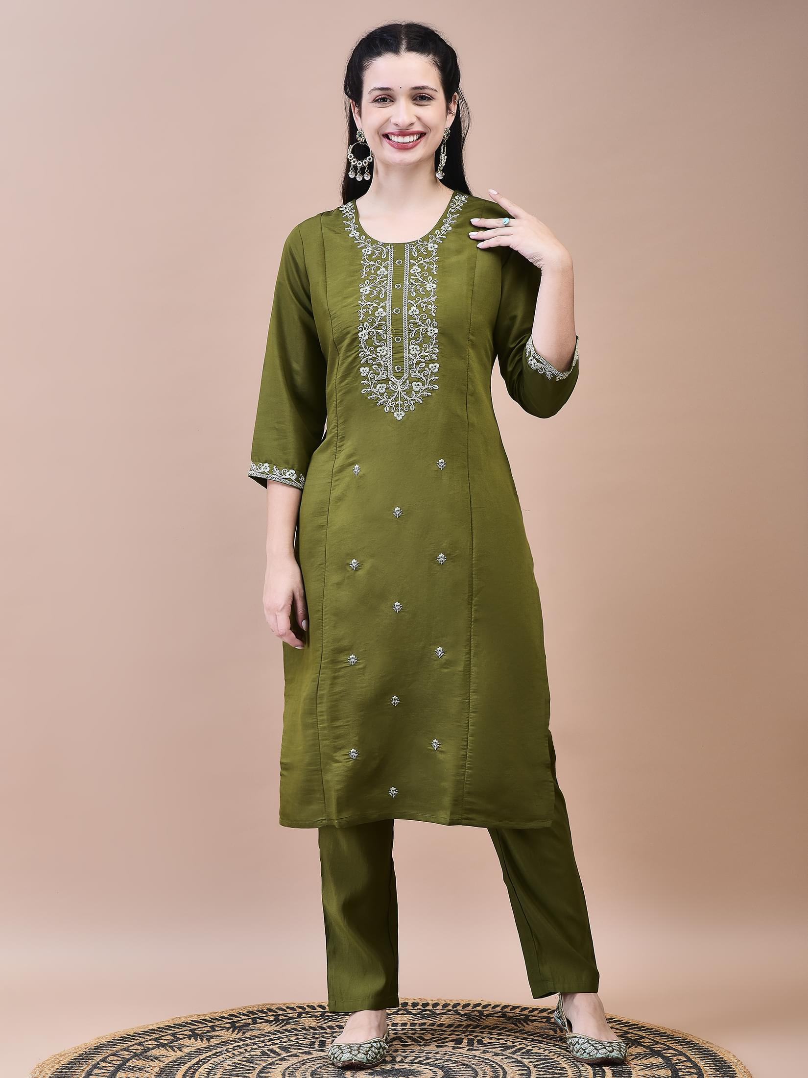Women Chanderi Olive Embroidered Kurta Trouser Dupatta.