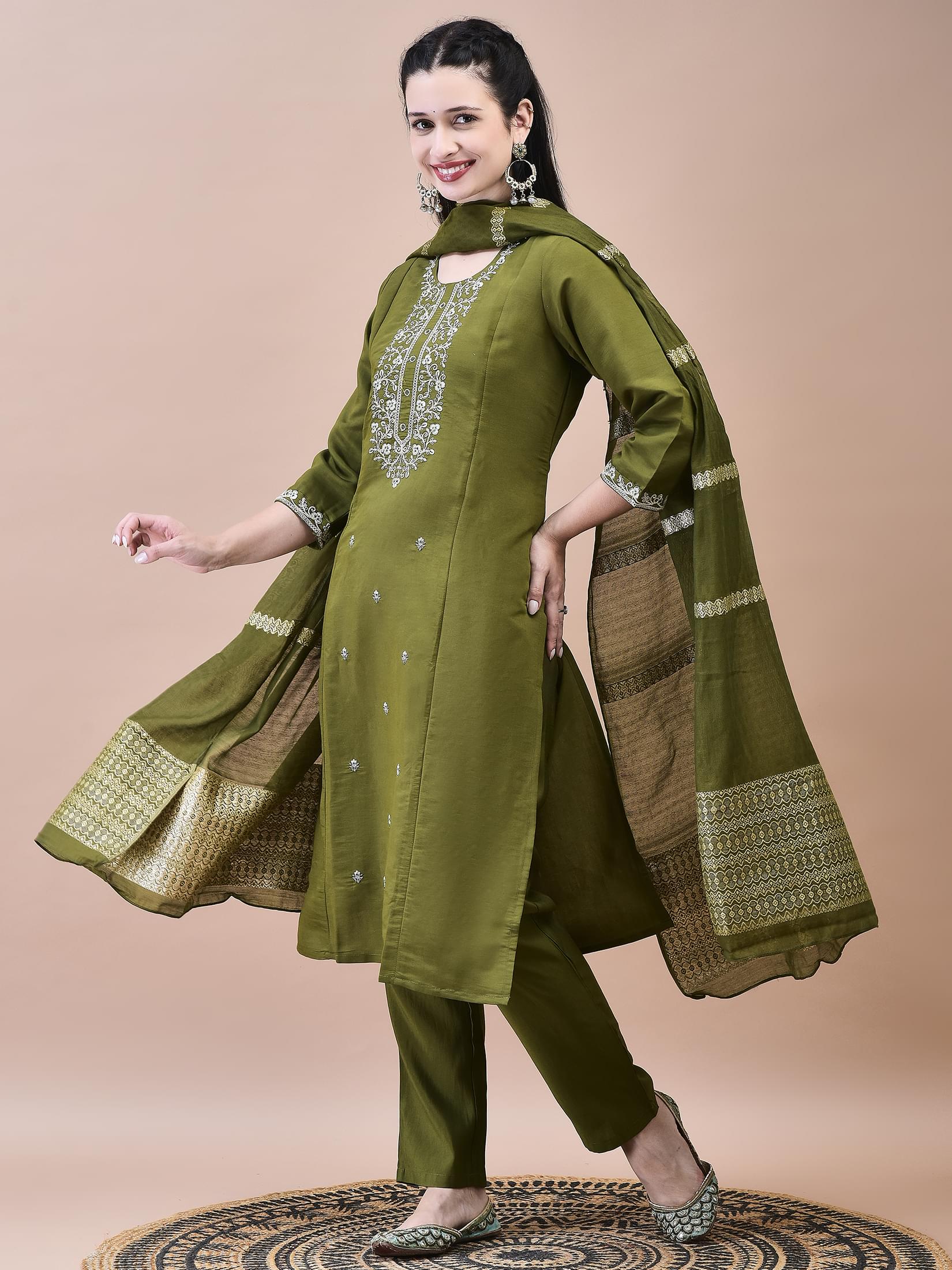 Women Chanderi Olive Embroidered Kurta Trouser Dupatta.