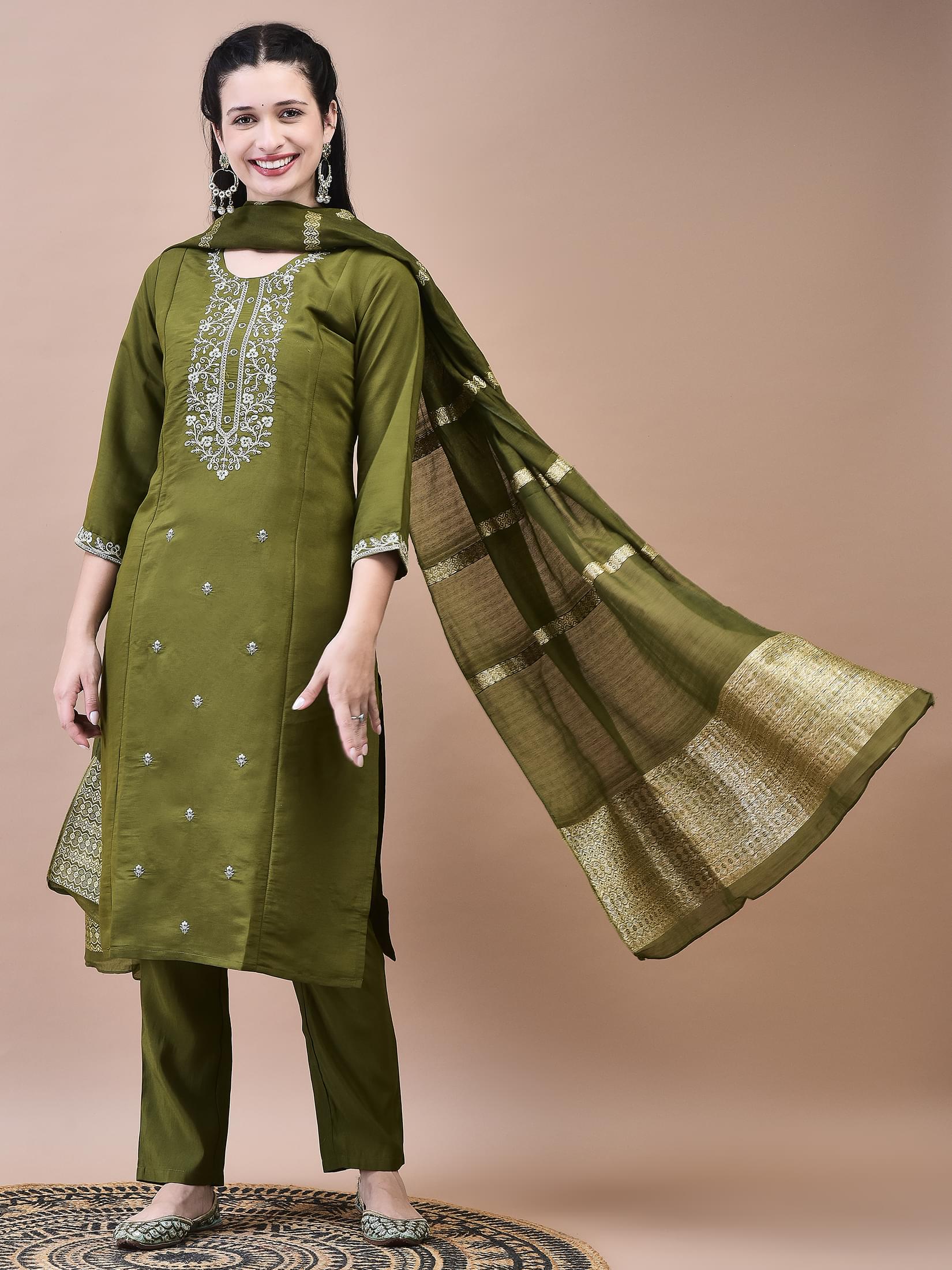 Women Chanderi Olive Embroidered Kurta Trouser Dupatta.
