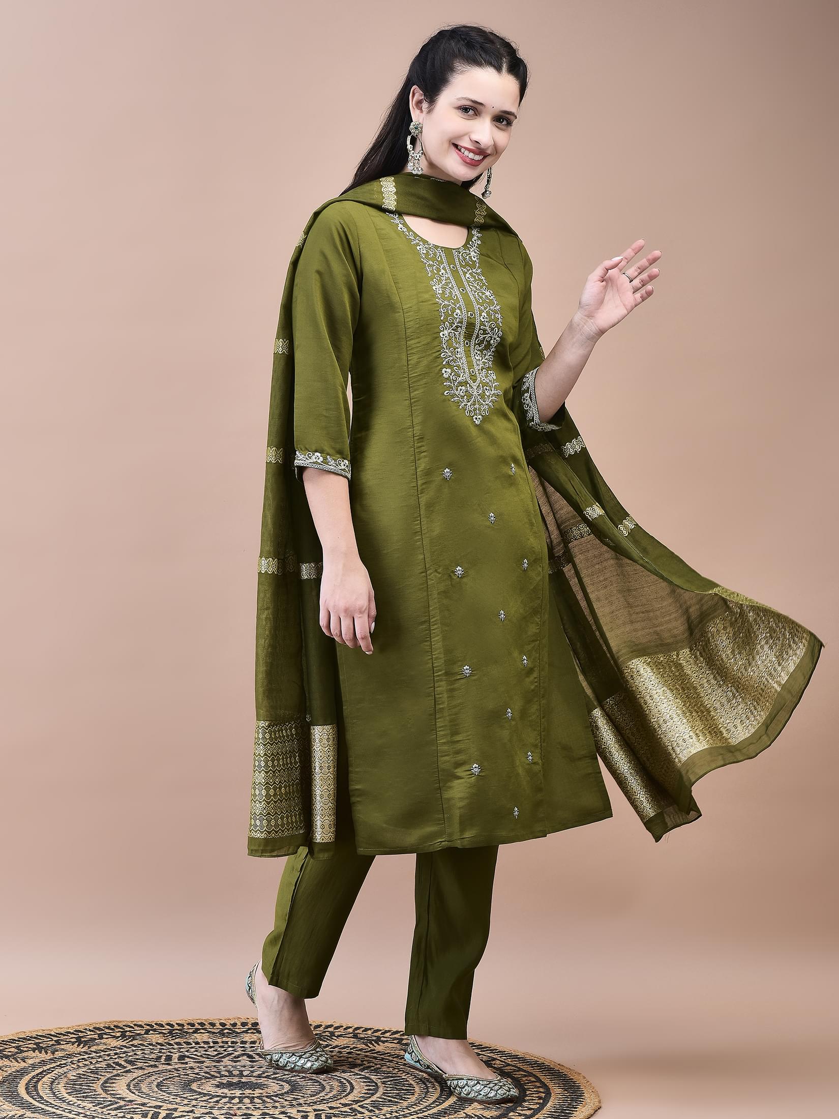 Women Chanderi Olive Embroidered Kurta Trouser Dupatta.