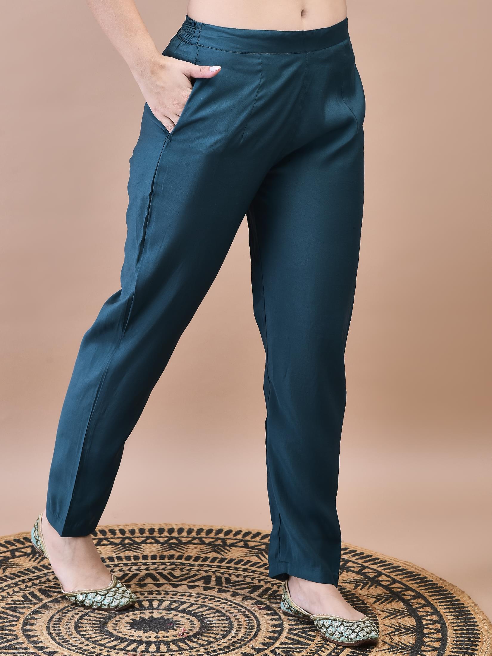Women Chanderi Green Embroidered Kurta Crop top Trouser Dupatta.