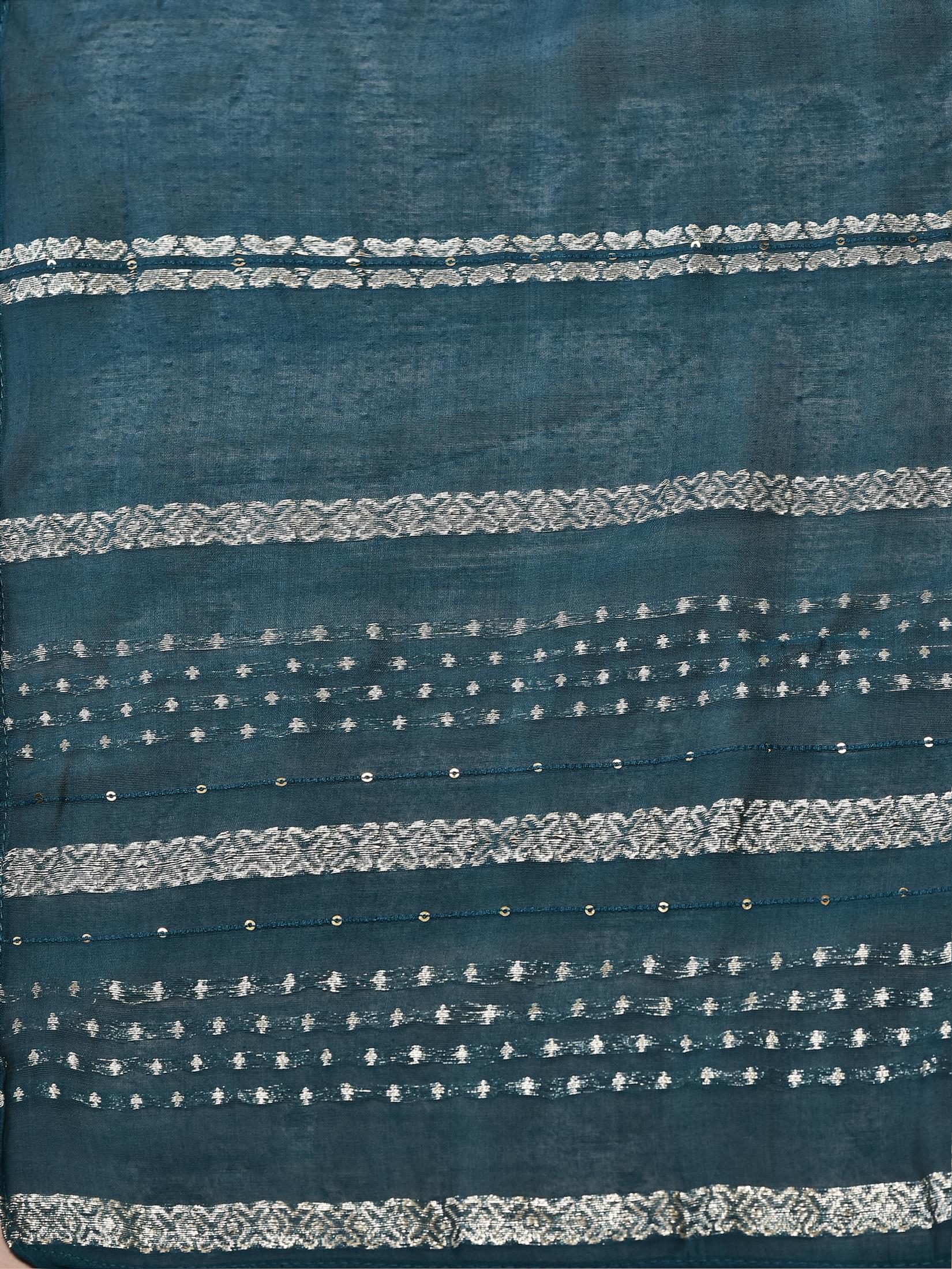 Women Chanderi Green Embroidered Kurta Crop top Trouser Dupatta.