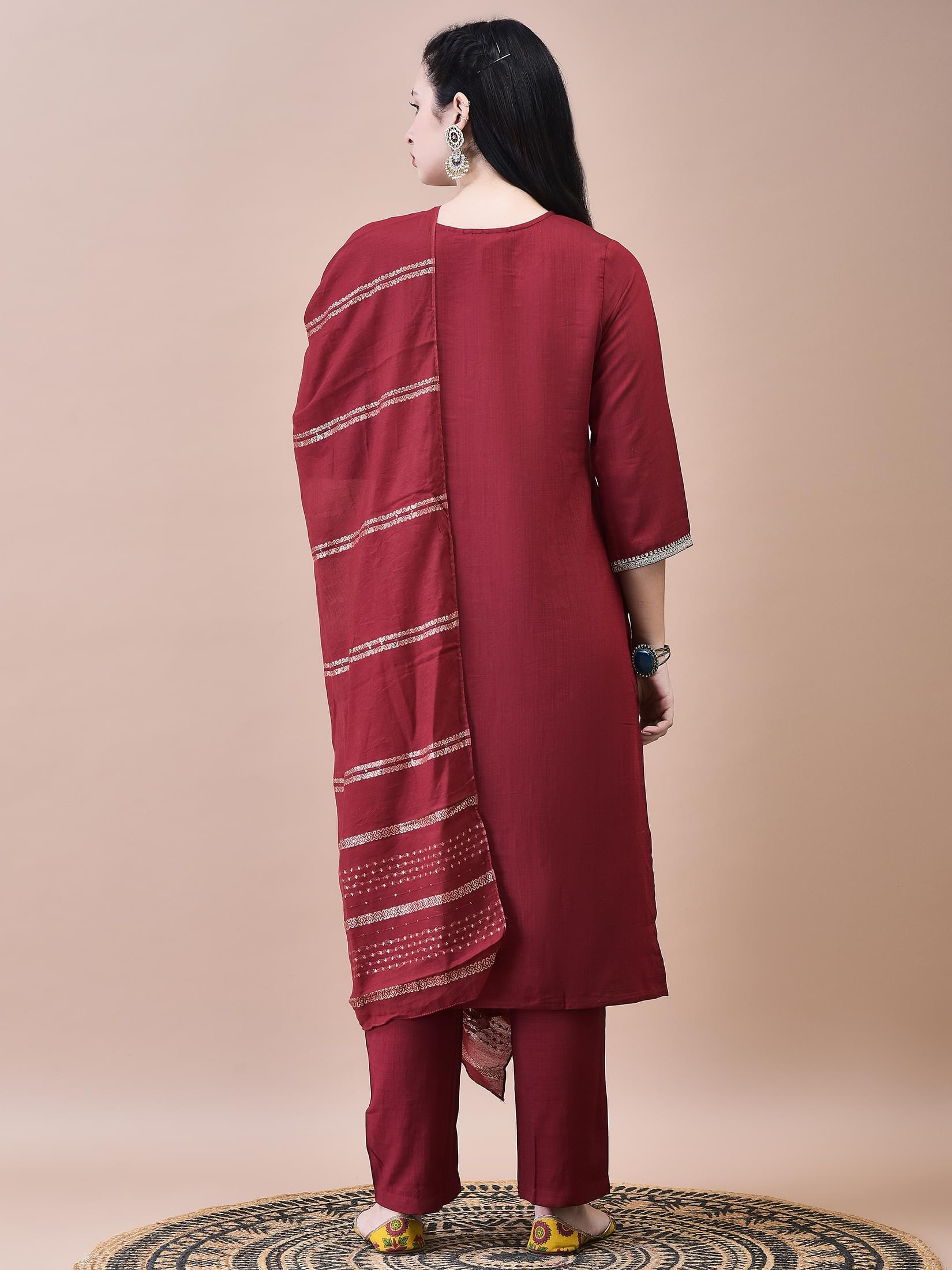 Women Poly Viscose Maroon Embroidered Kurta Comfort Pant Chanderi Dupatta.
