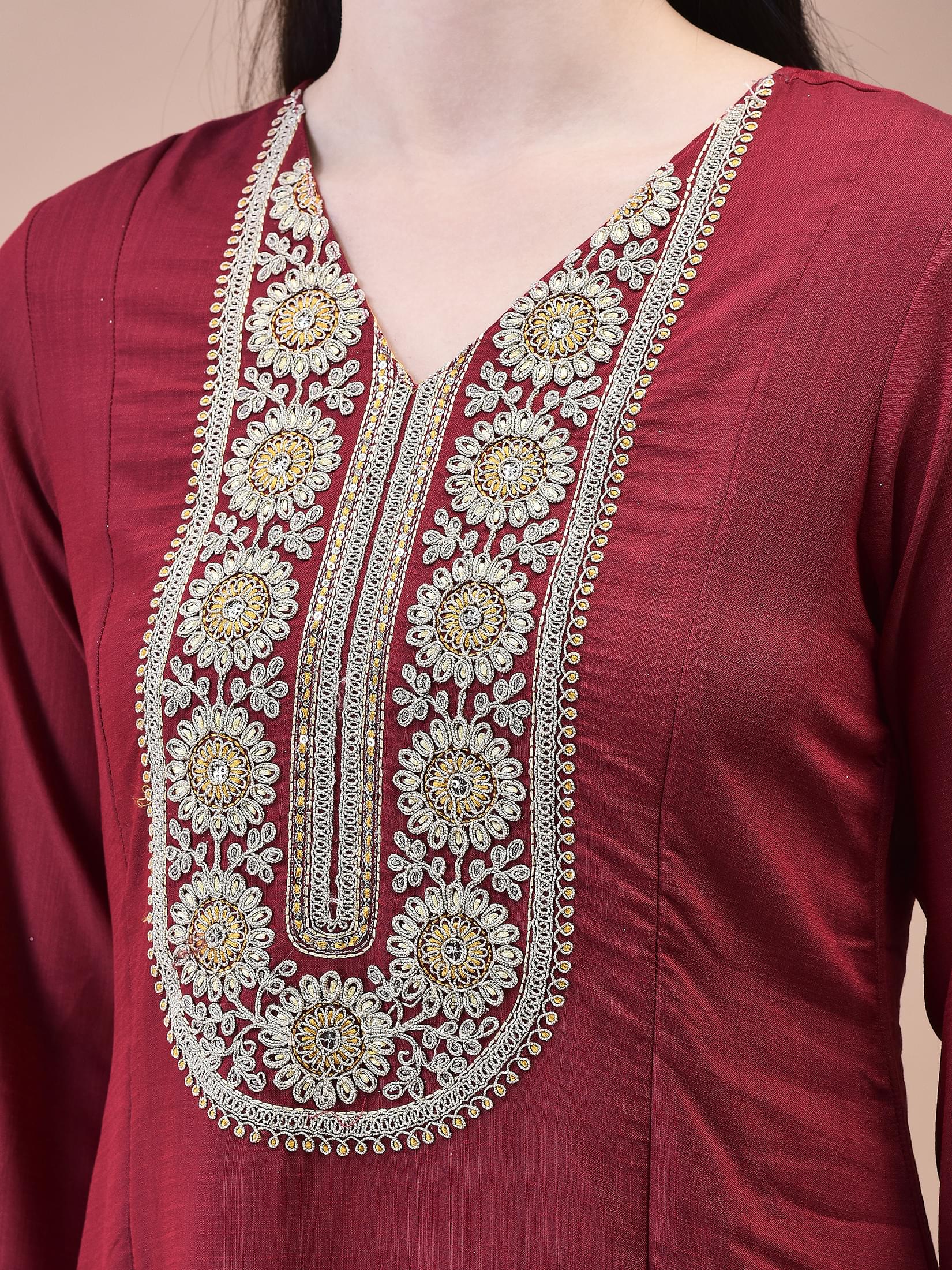 Women Poly Viscose Maroon Embroidered Kurta Comfort Pant Chanderi Dupatta.