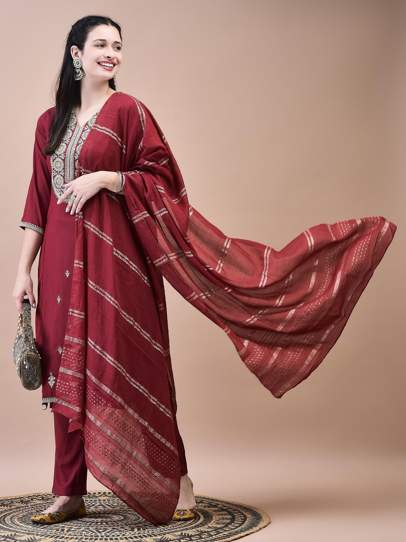Women Poly Viscose Maroon Embroidered Kurta Comfort Pant Chanderi Dupatta.