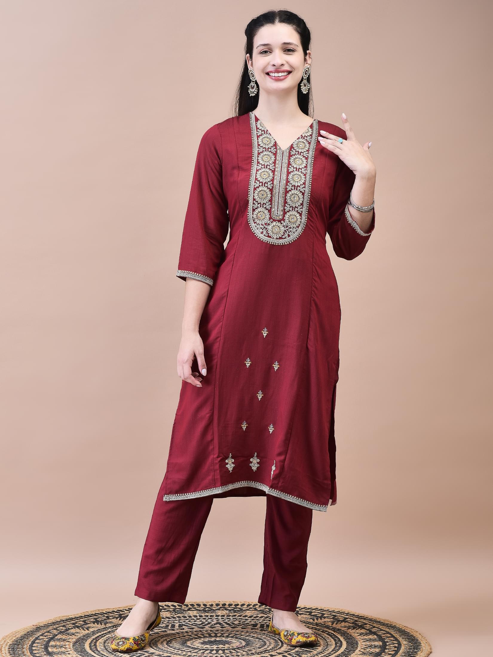 Women Poly Viscose Maroon Embroidered Kurta Comfort Pant Chanderi Dupatta.