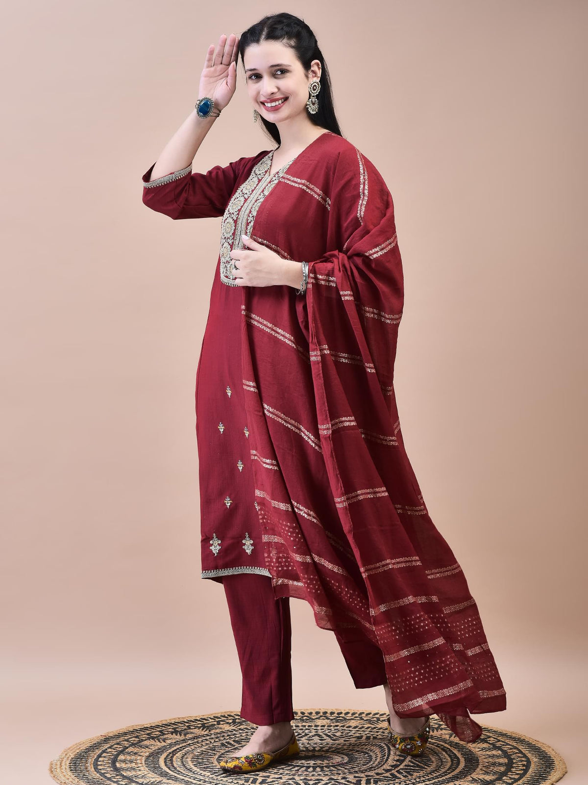 Women Poly Viscose Maroon Embroidered Kurta Comfort Pant Chanderi Dupatta.