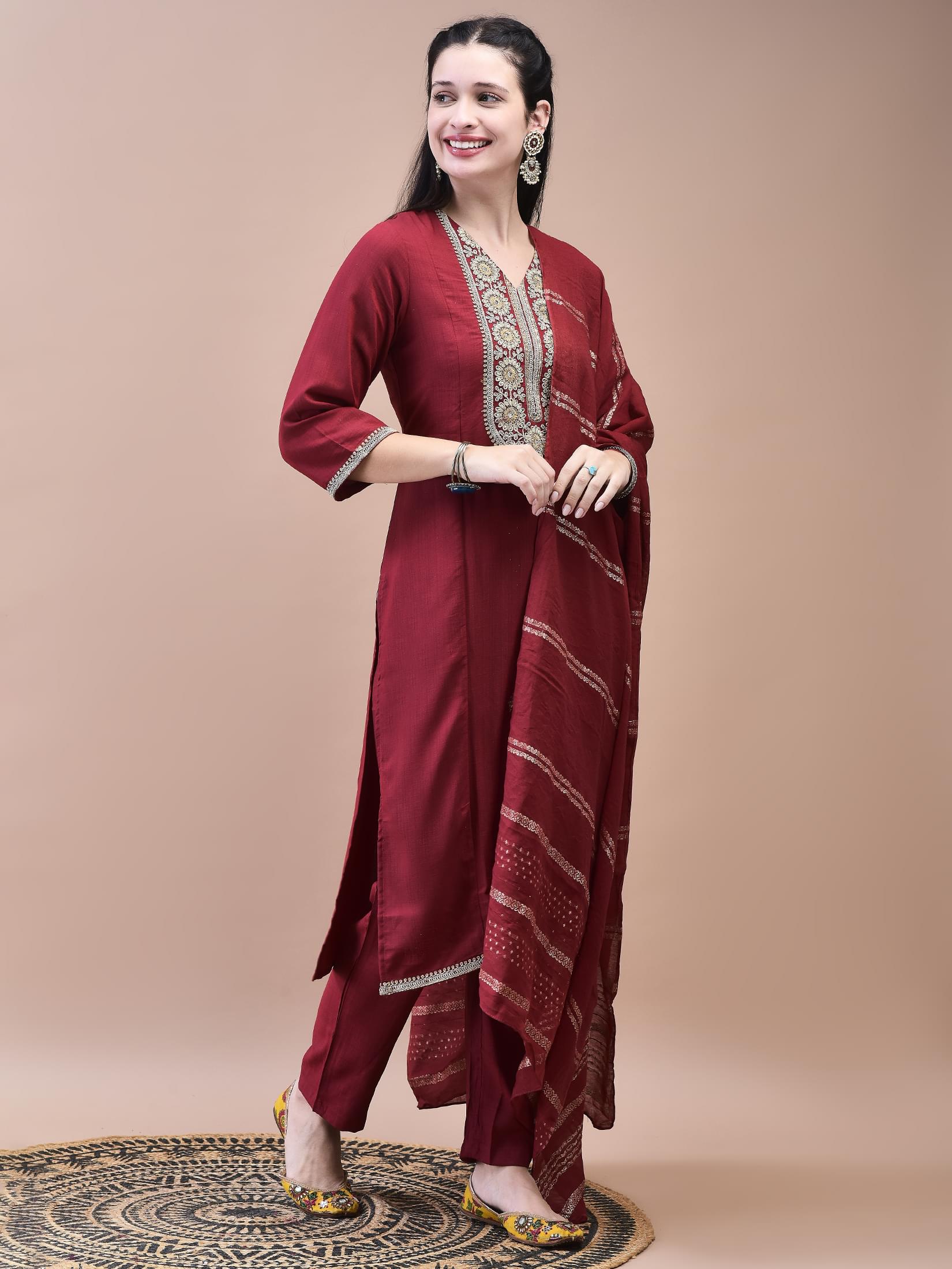 Women Poly Viscose Maroon Embroidered Kurta Comfort Pant Chanderi Dupatta.