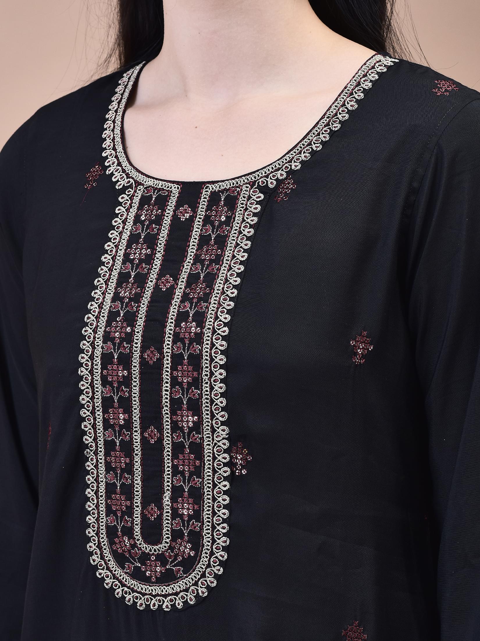 Women Chanderi Black Crop top Embroidered Kurta Comfort Pant Jacquard Dupatta.