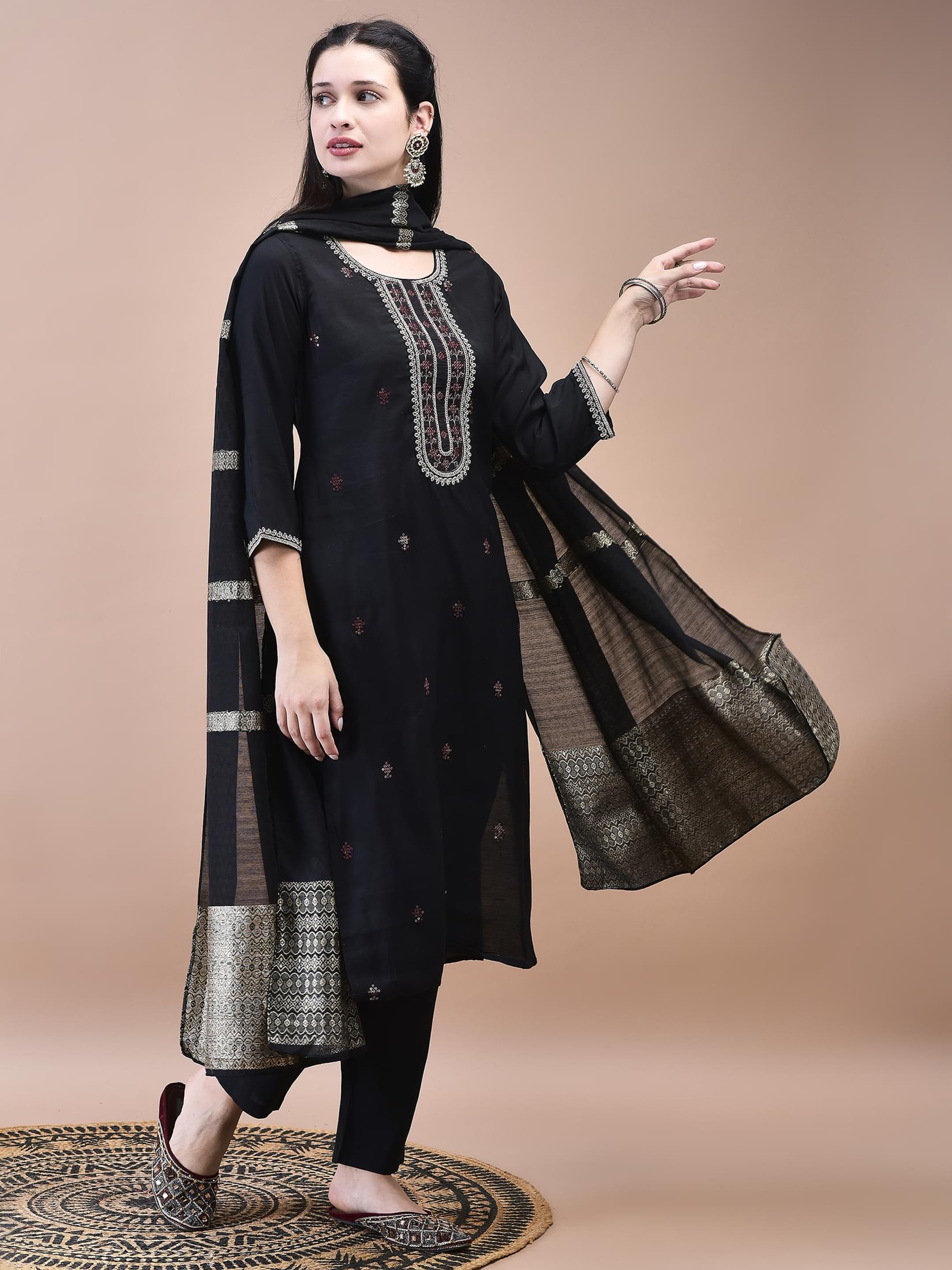 Women Chanderi Black Crop top Embroidered Kurta Comfort Pant Jacquard Dupatta.
