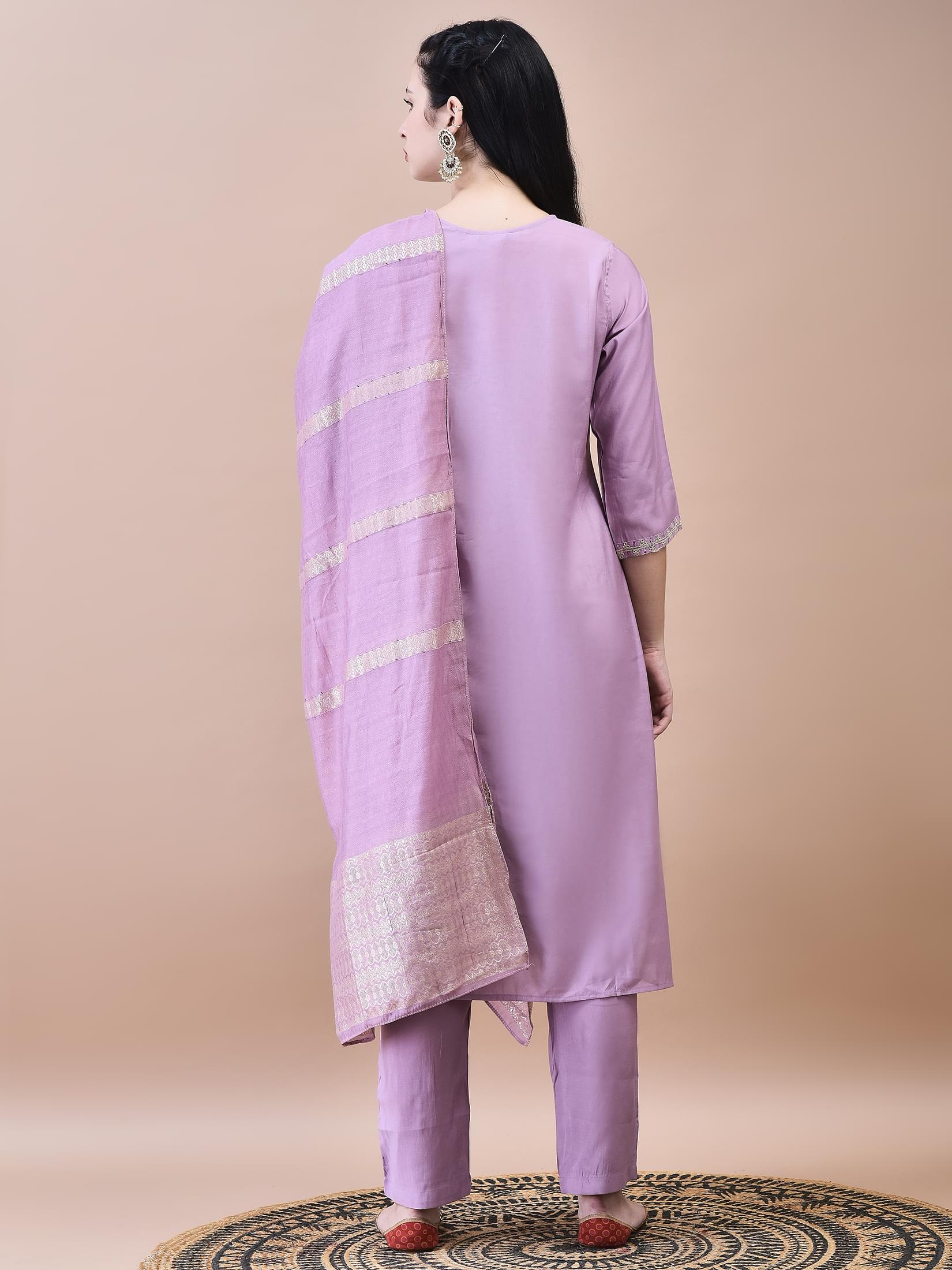 Women Chanderi Lilac Embroidered Kurta Comfort Pant Dupatta.