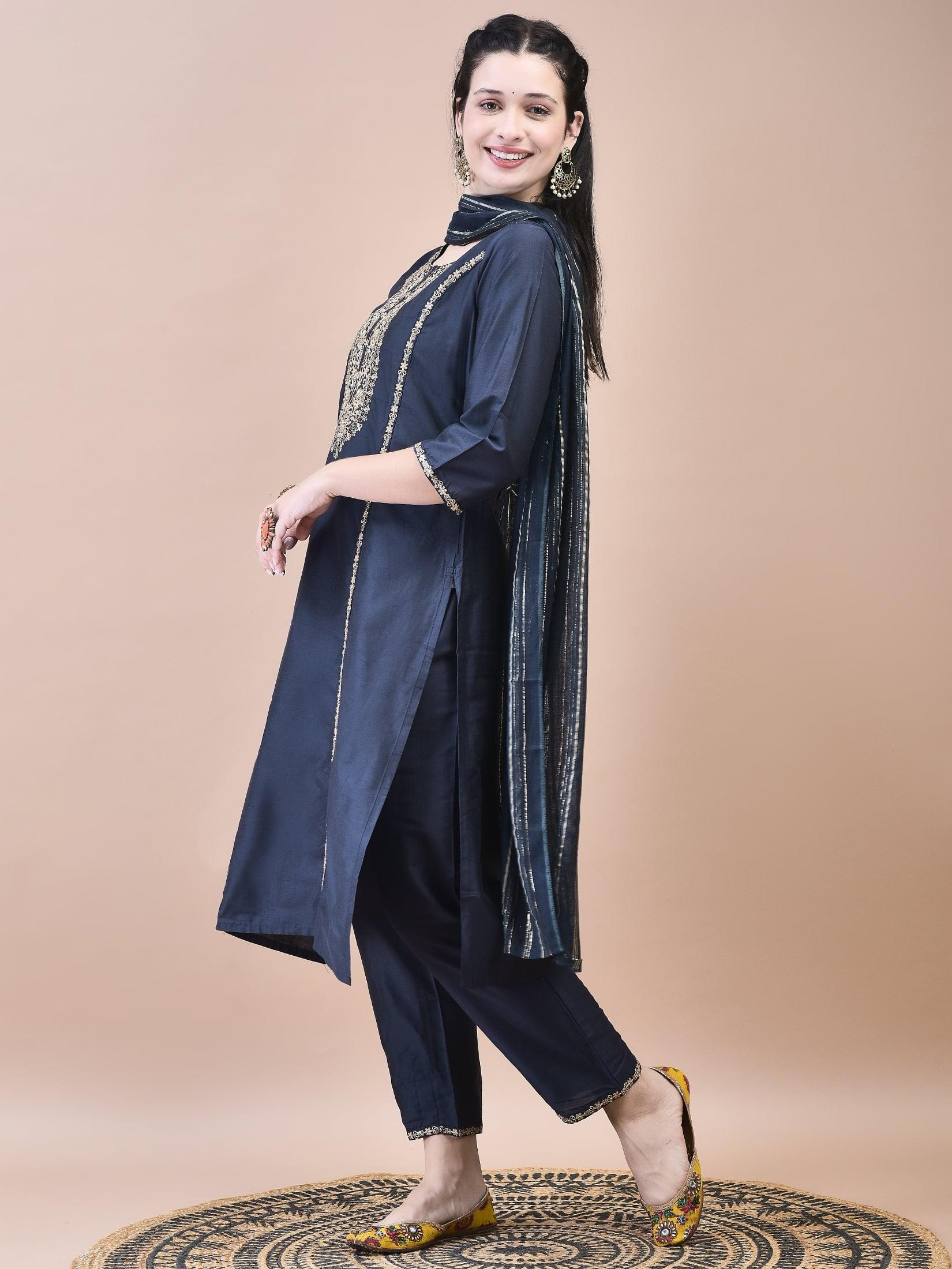 Women Silk Blend Grey Embroidered Kurta Trouser Chanderi Dupatta.