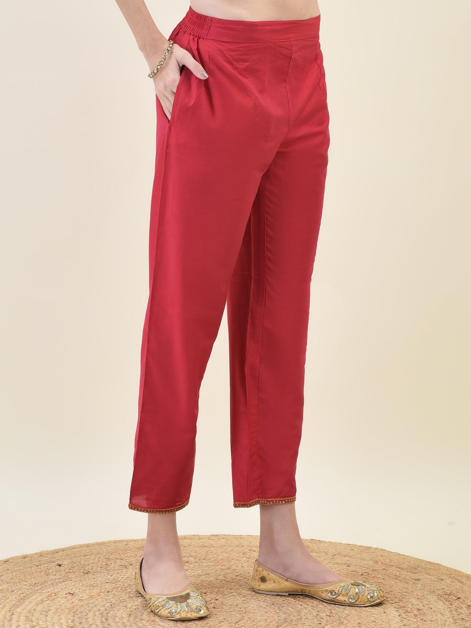 Women Silk Blend Red Embroidered Kurta Trouser Dupatta.