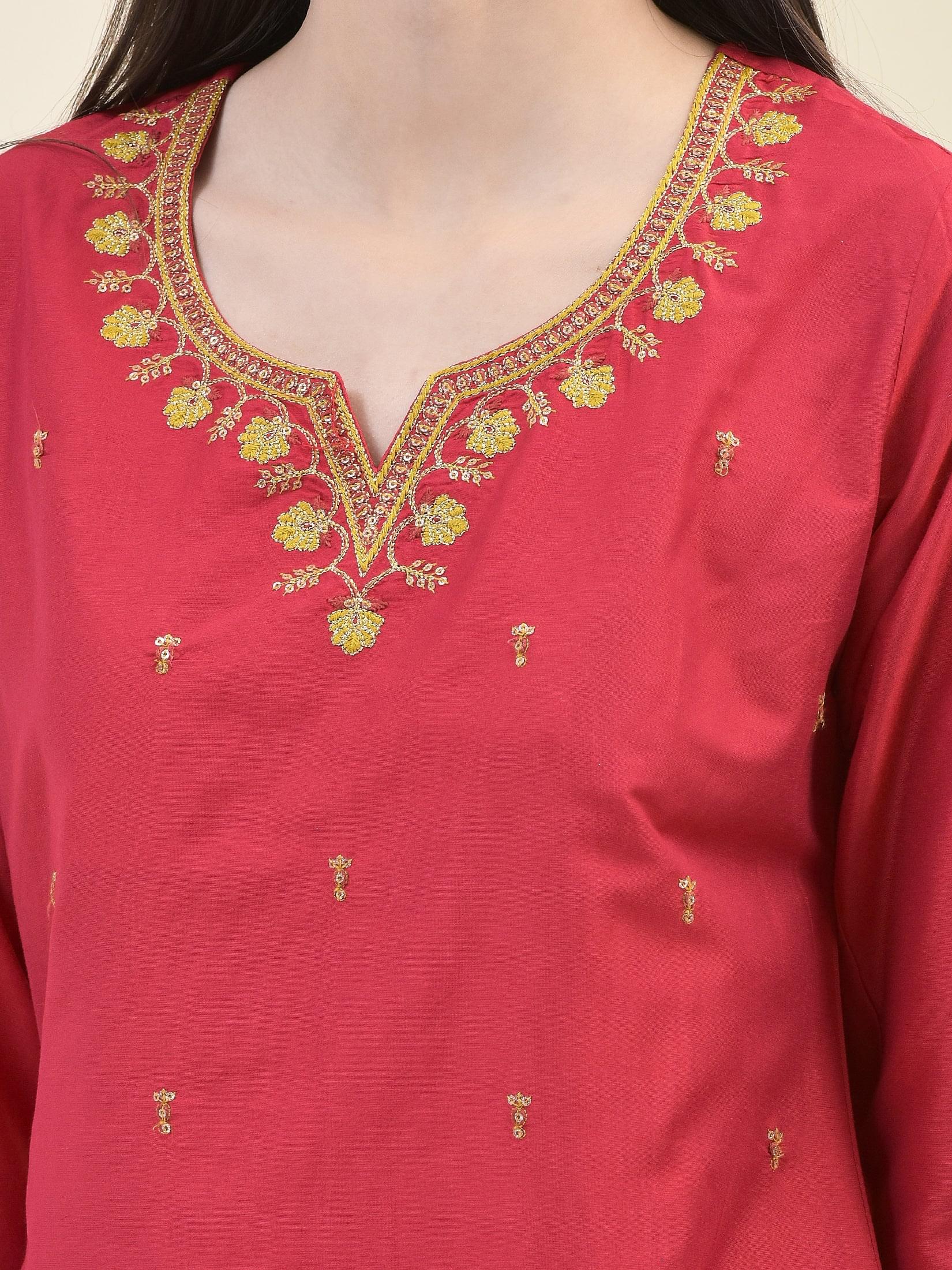 Women Silk Blend Red Embroidered Kurta Trouser Dupatta.